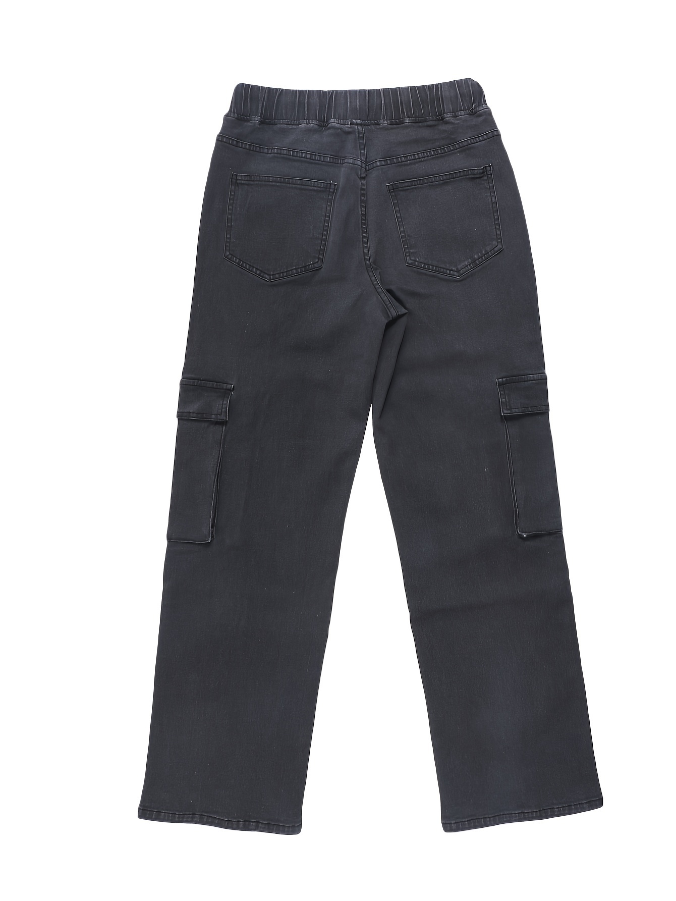 Plain Grey Side Flap Pocket Streetwear Loose Fit Drawstring Elastic Waistband Cargo Jeans Denim Pants, Women's Denim Jeans & Clothing