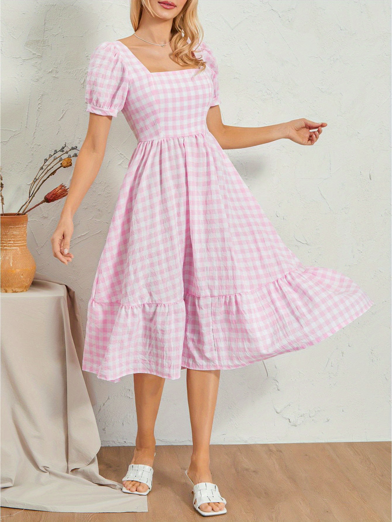 Gingham Print Square Neck Midi Dress, Casual Puff Sleeve A Line Dress For Spring & Summer, Women's Clothing