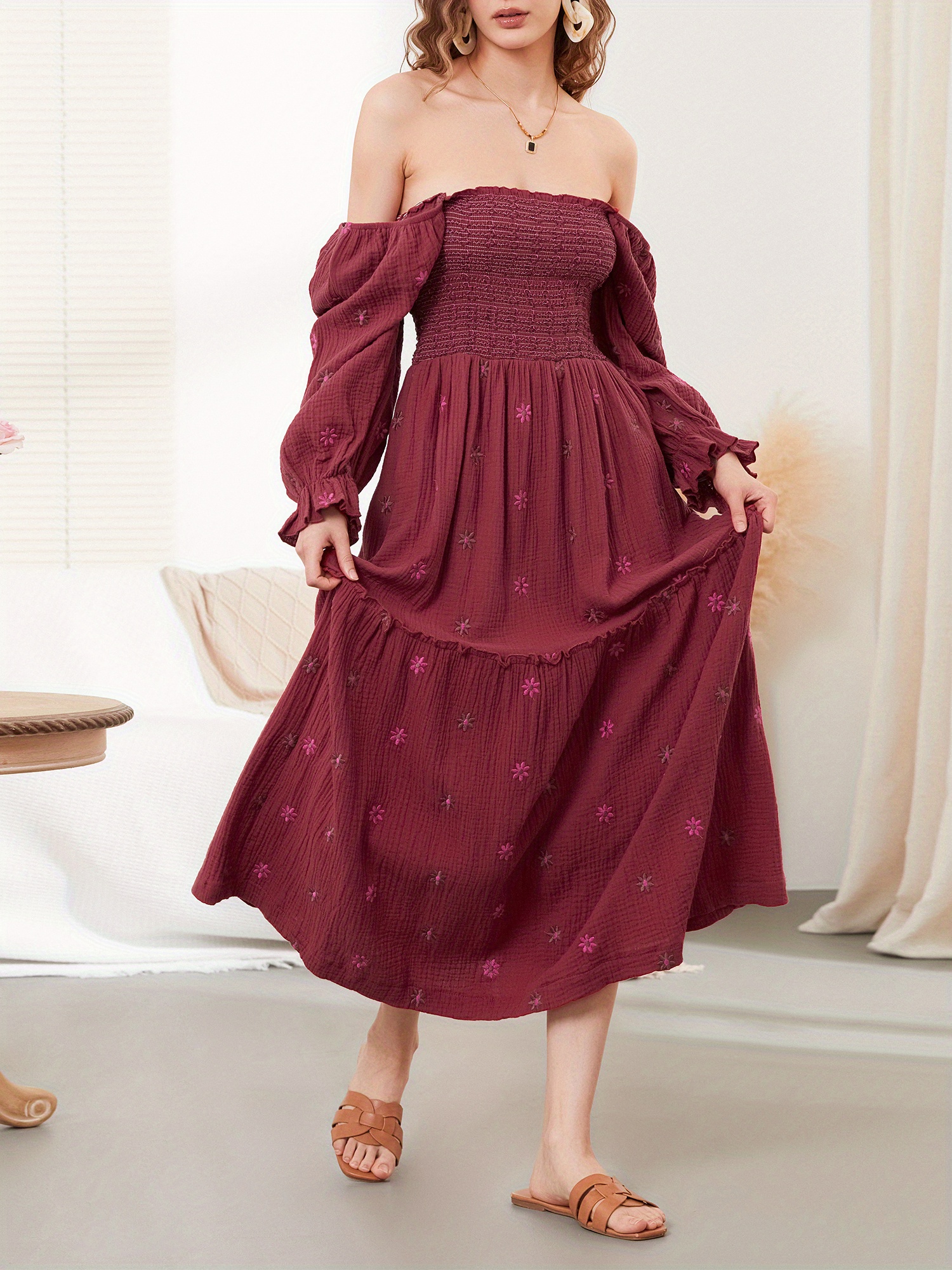 Women Summer Casual Long Dress 3D Embroidered Flowers Square Neck Puff Sleeve Dress Fashion Backless A-line Dress