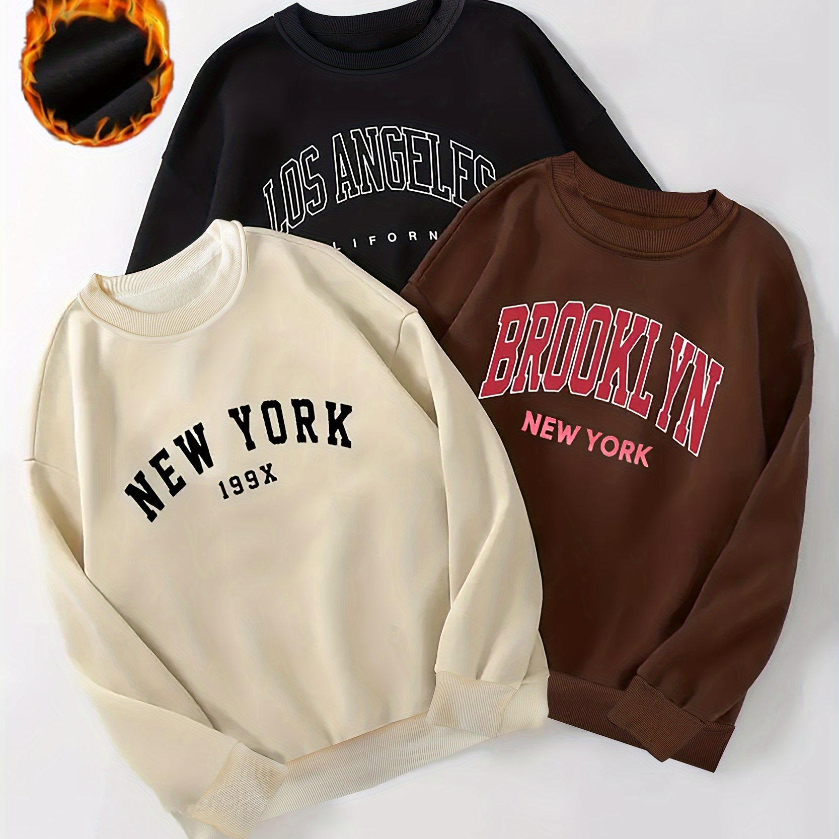 3Pcs Letter Print Pullover Sweatshirts, Long Sleeve Crew Neck Fleece Liner Sweatshirts, Women's Clothing