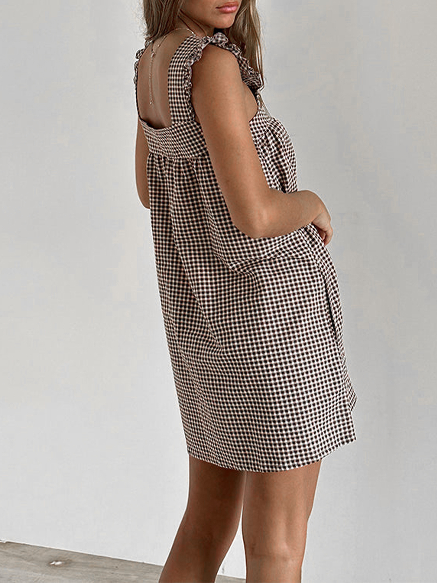 Plaid Print Strap Dress, Casual Sleeveless Backless Ruffle Hem Strap Dress For Spring & Summer, Women's Clothing