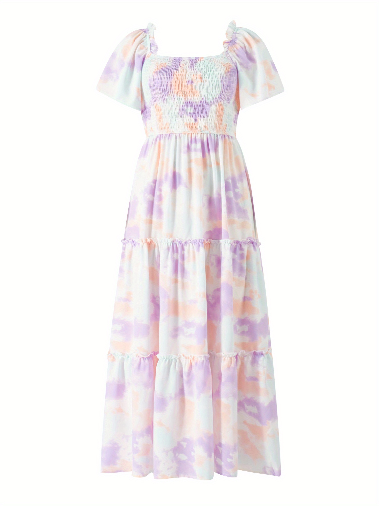 Parent-child Summer Casual A-line Dress Short Sleeve Square Neck Tie Dye Print Dress
