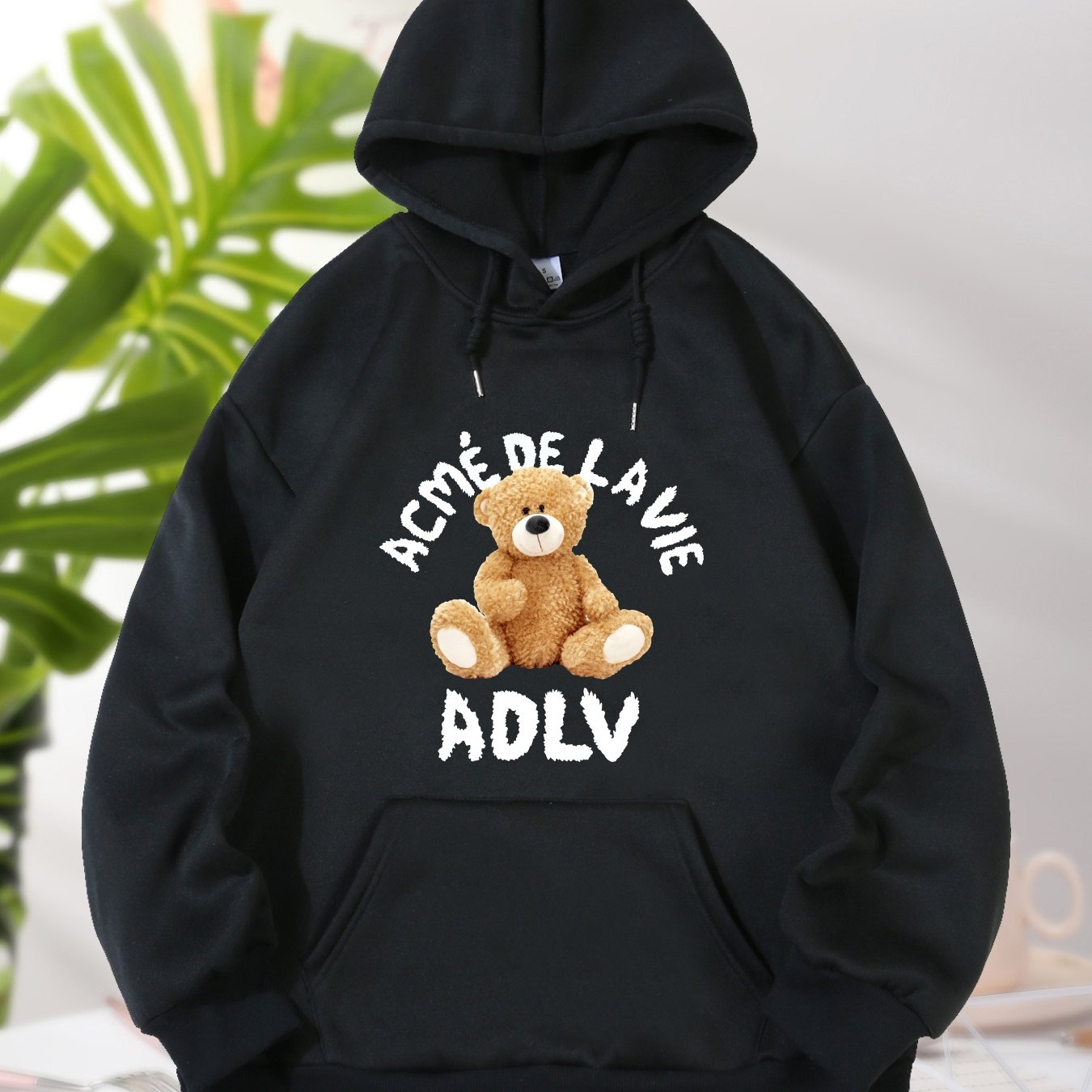 Bear And Letter Graphic Long Sleeve Hooded Sweatshirt, Fashion Drawstring Kangaroo Pocket Hoodie, Women's Clothing