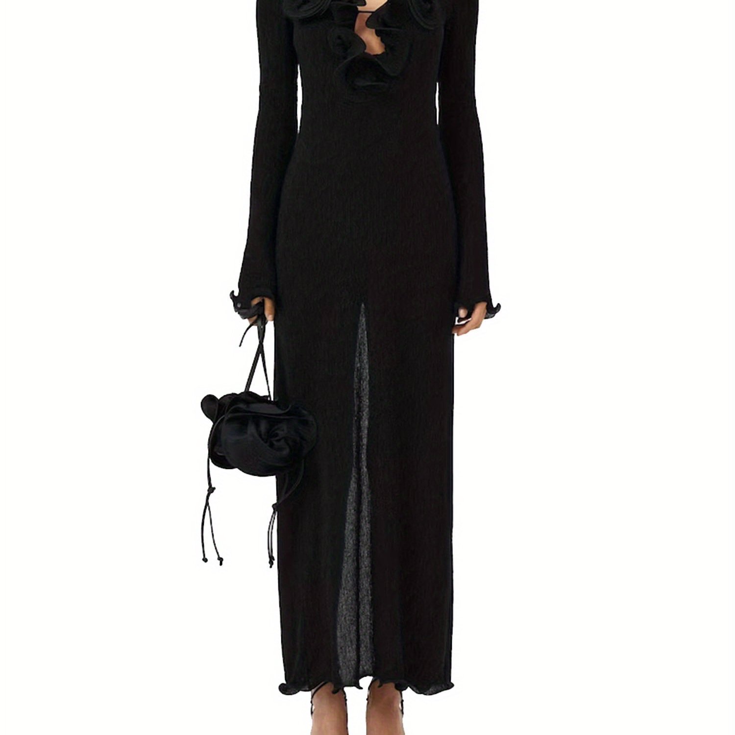 Women Long Dress, Long Sleeve Slit Dress Flower Slim Fit Cocktail Dress for Party Evening