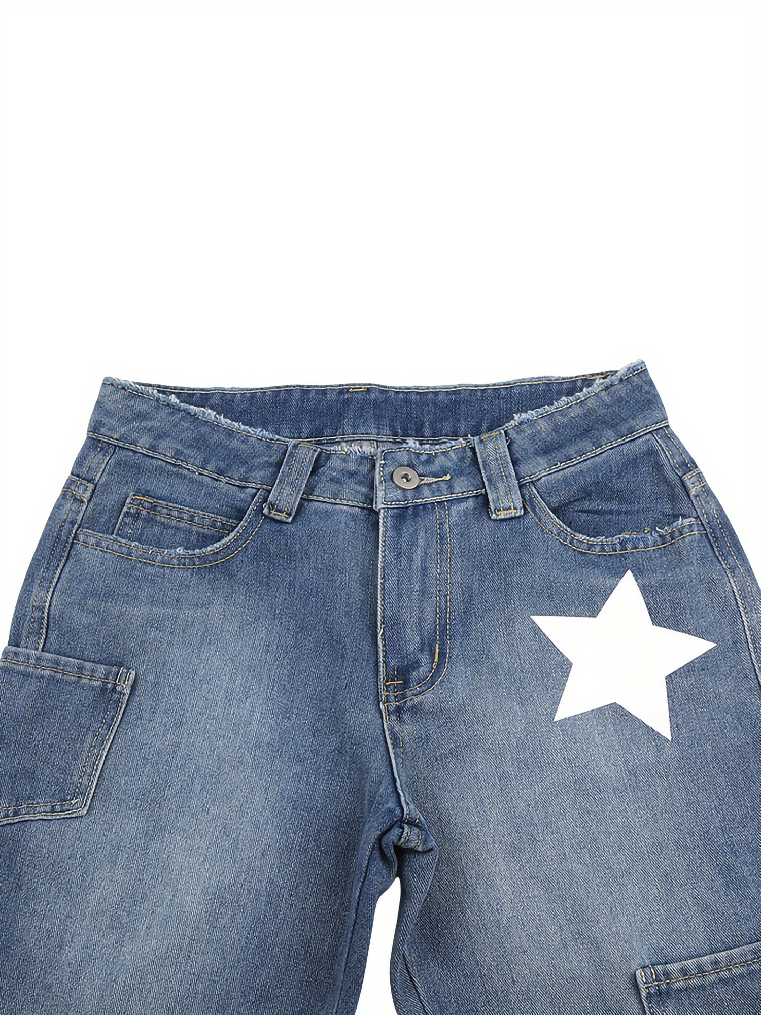Female Jeans, Star Patterns High Waist Long Straight-Leg Pants with Pockets for Spring Fall, Blue, S FM FL
