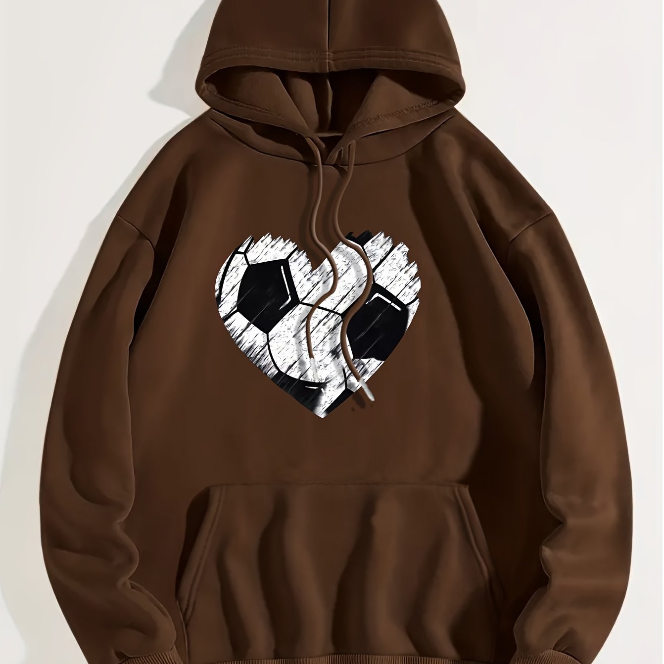 Heart Football Print Hoodie, Casual Kangaroo Pocket Long Sleeve Drawstring Hoodie For Fall & Winter, Women's Clothing