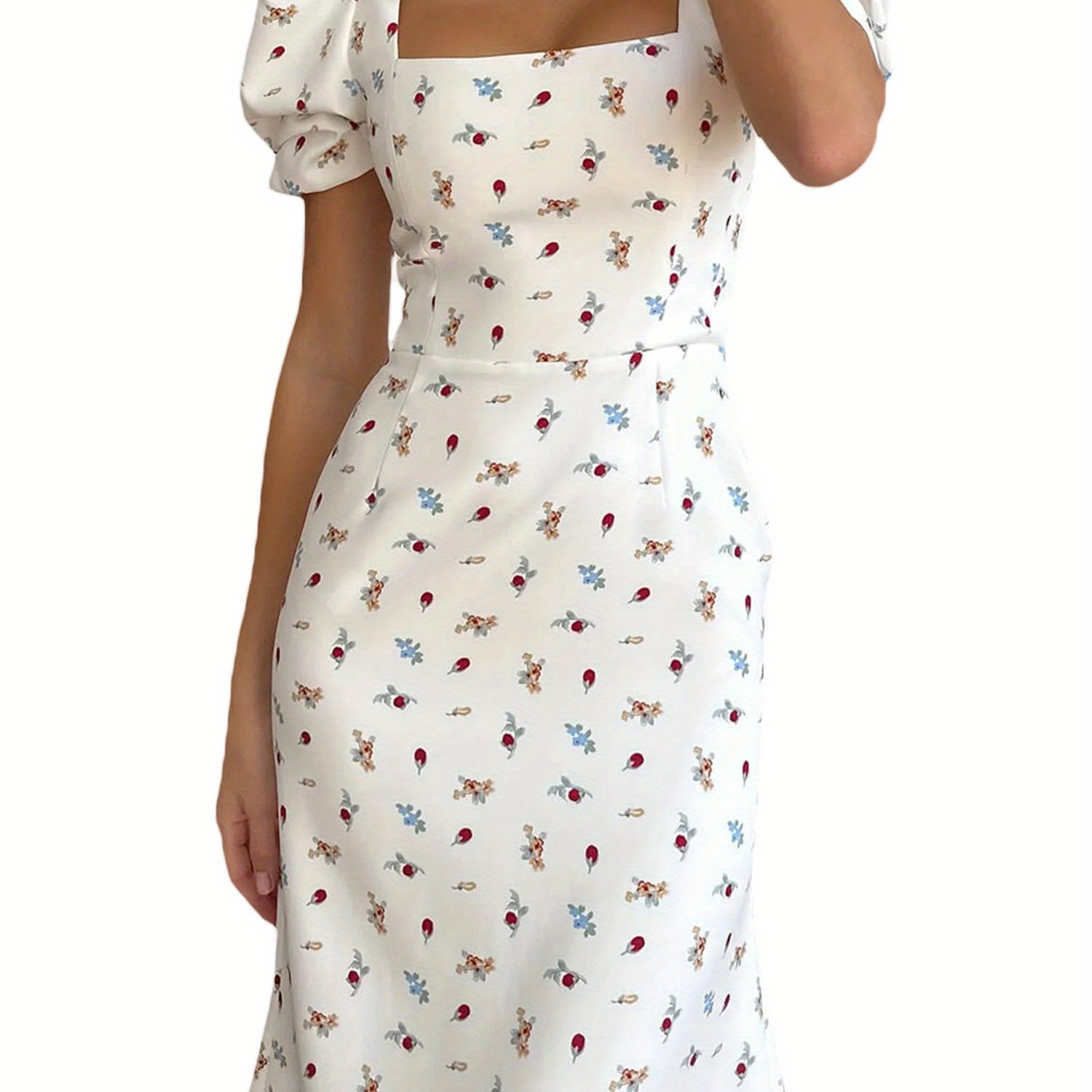 Floral Print Square Neck Midi Dress, Elegant Puff Sleeve A Line Dress For Spring & Summer, Women's Clothing