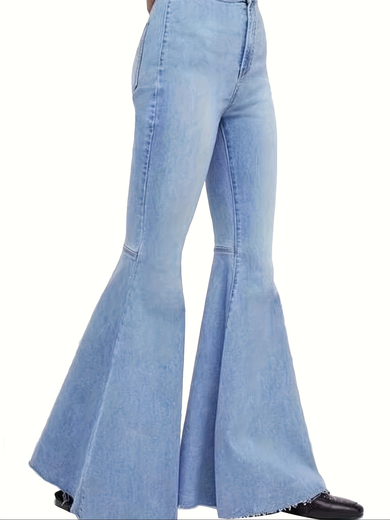 Chic Womens Bell Bottom Jeans - Comfortable High Waist, Super Stretch, Raw Hem, Flared Legs - Curvy Fit, Fashion-Forward Classic Blue