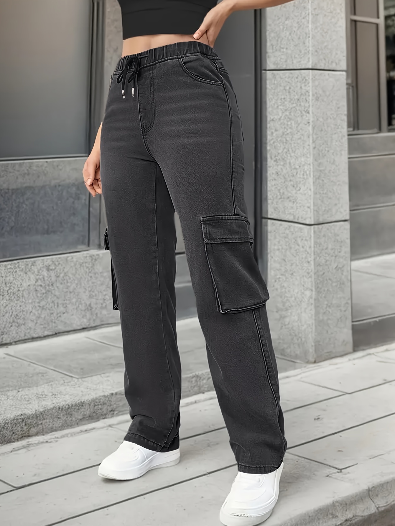 Plain Grey Side Flap Pocket Streetwear Loose Fit Drawstring Elastic Waistband Cargo Jeans Denim Pants, Women's Denim Jeans & Clothing