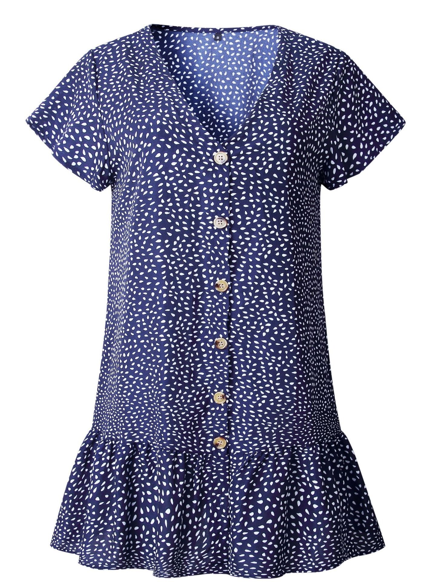 Spring Summer Fashion Print V-Neck Button Ruffled Women's Dress