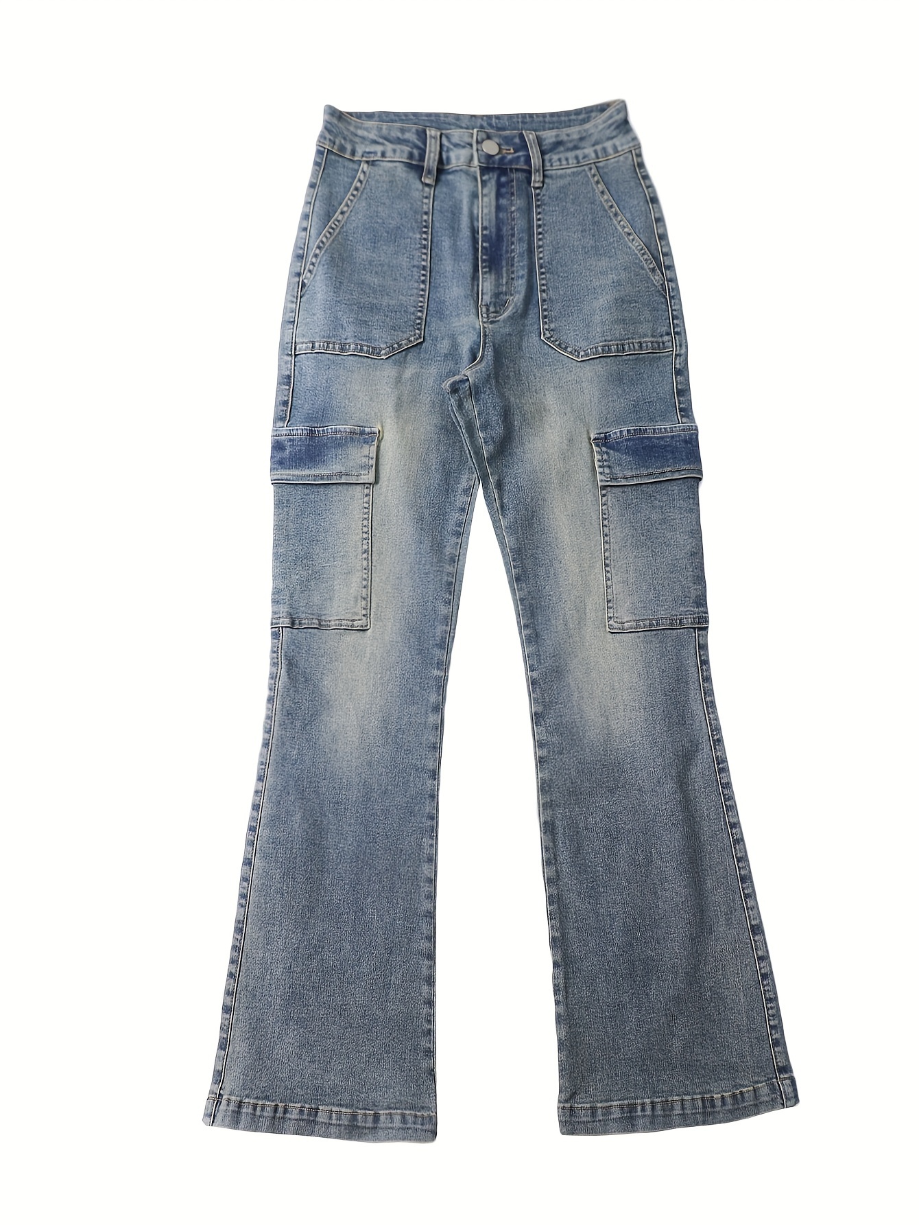 Plain Washed Blue Side Flap Pocket Streetwear Loose Fit Cargo Jeans Denim Pants, Women's Denim Jeans & Clothing