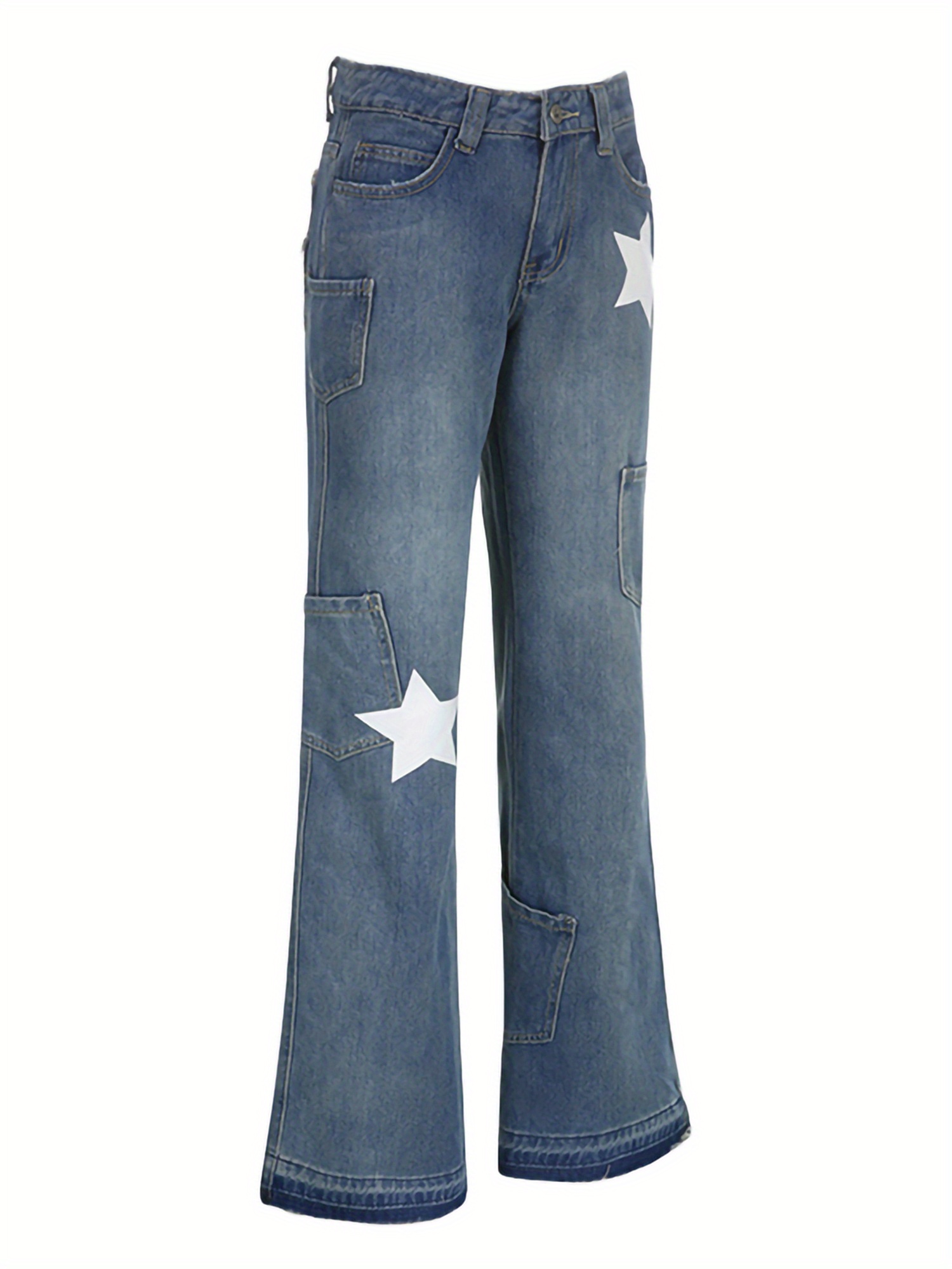 Female Jeans, Star Patterns High Waist Long Straight-Leg Pants with Pockets for Spring Fall, Blue, S FM FL