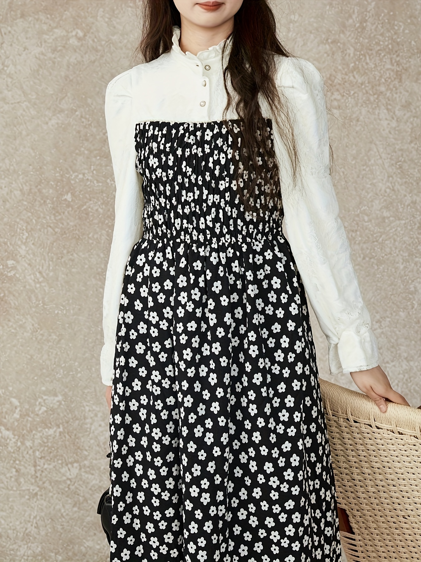 Floral Print 2 In 1 Dress, Elegant Ruffle Trim Long Sleeve Button Front Smock Mixed Media Dress For Spring & Fall, Women's Clothing