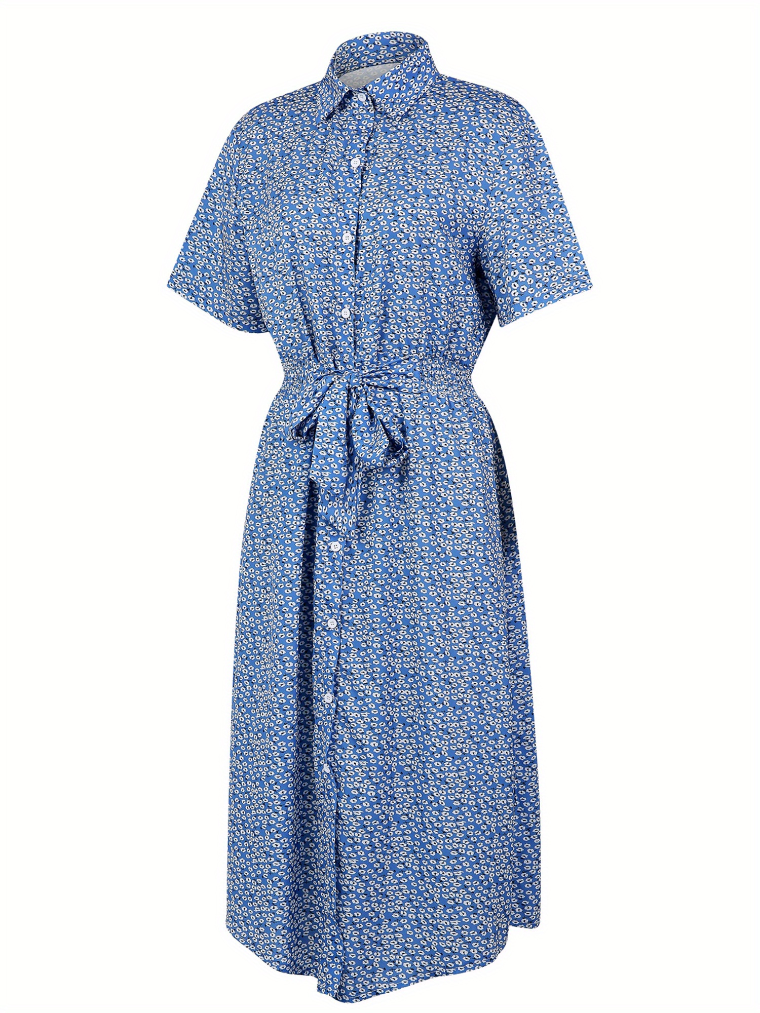 Floral Print Button Up Collared Dress, Casual Short Sleeve Tied Waist Midi Dress, Women's Clothing
