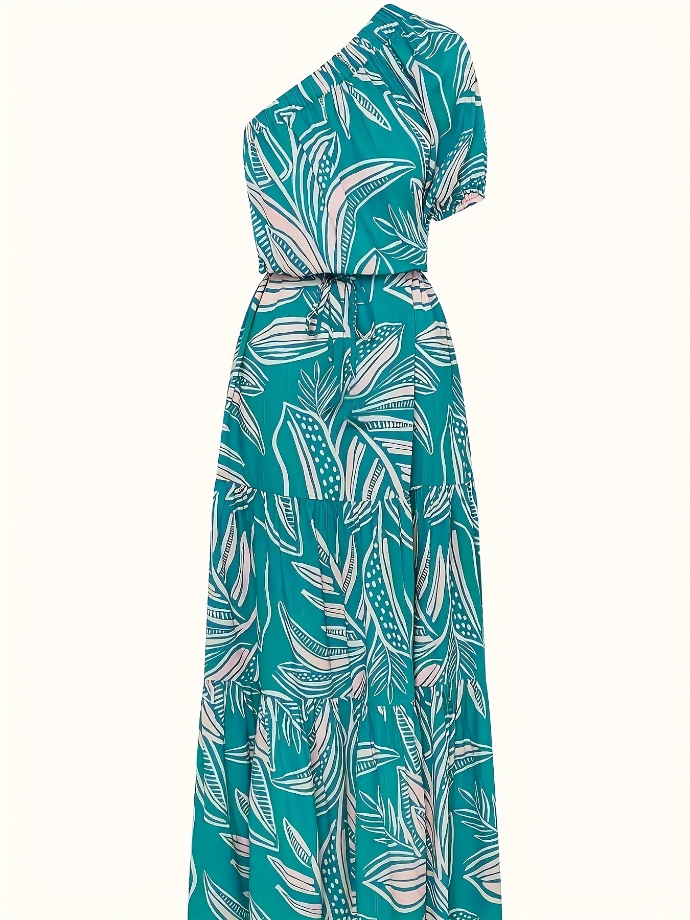 Women's One Shoulder Floral Long Dress, Print Puff Sleeve Asymmetrical Neck Ruffle Maxi Dress, A-Line Summer Vacation High Waist Beach Dress