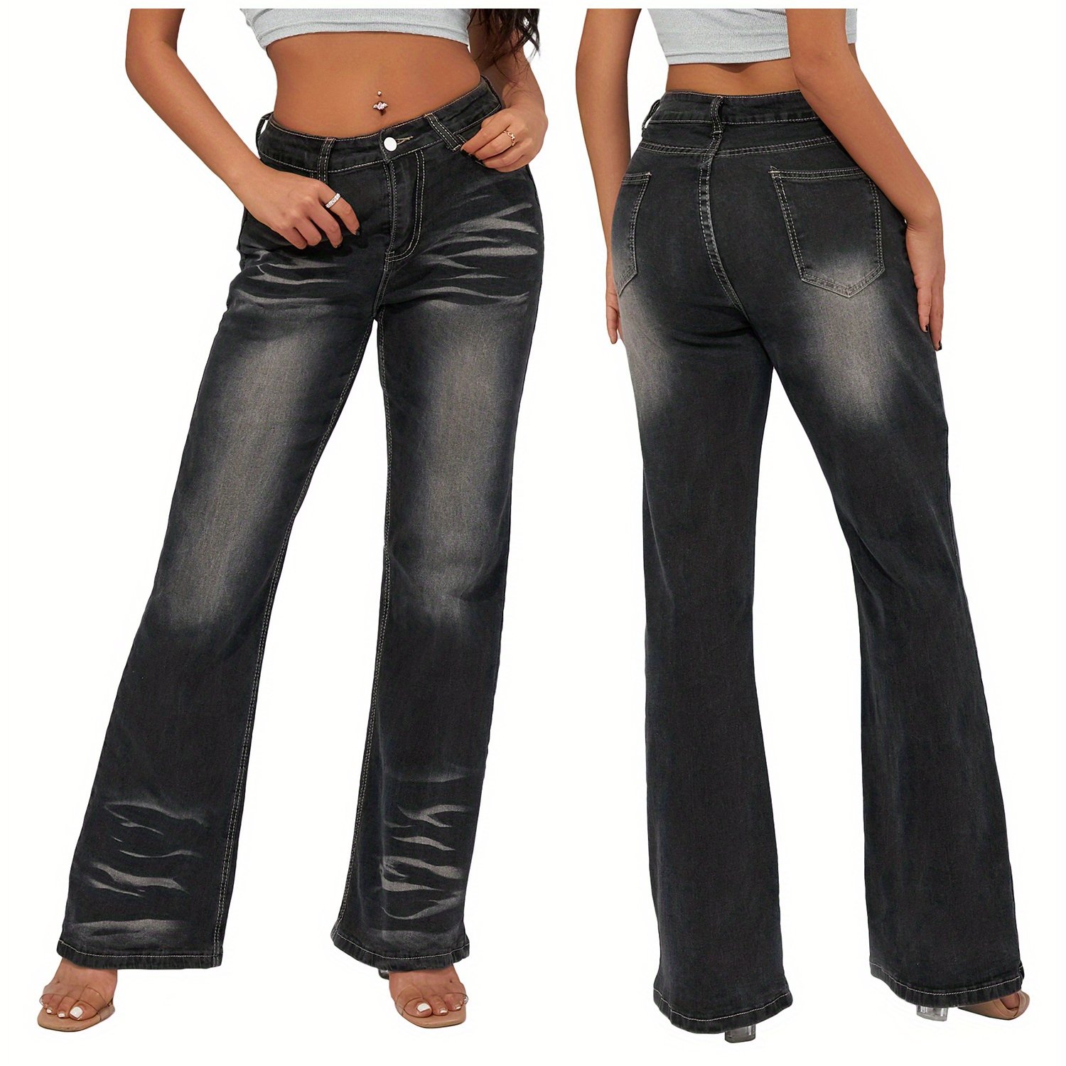 Whiskering Washed Casual Style Zipper Button Closure Wide Leg Denim Pants, Women's Denim Jeans & Clothing