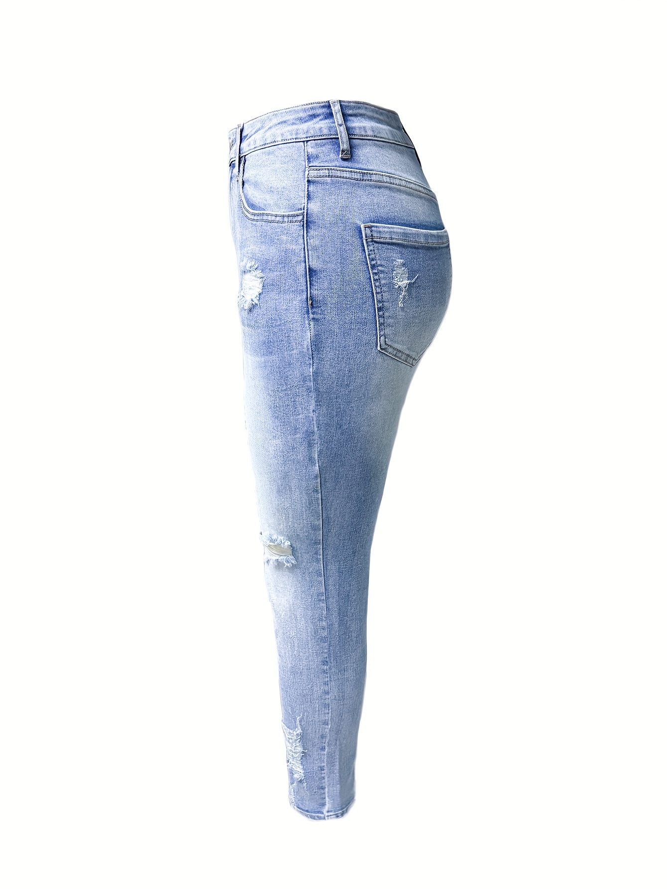Skinny Fit Ripped Plain Washed Blue Versatile Jeans Denim Pants, Women's Denim Jeans & Clothing