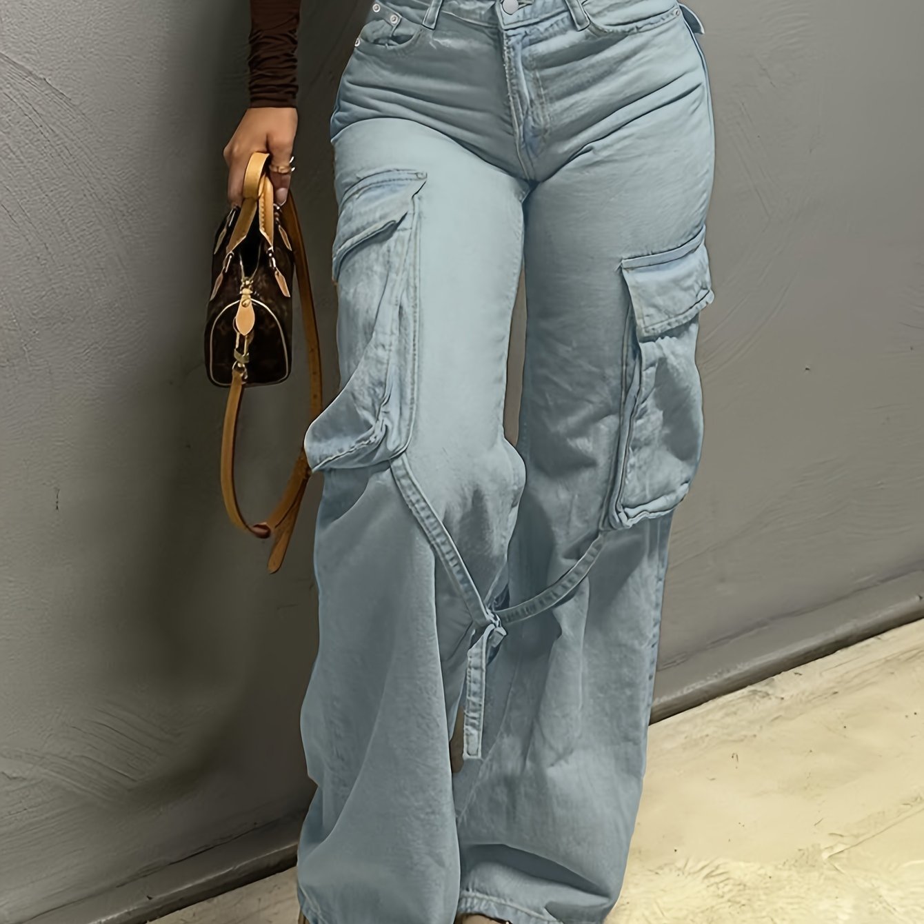 Women's High-Waisted Retro Streetwear Style Adjustable Belted Flare Jeans With Multiple Pockets, Cotton And Polyester Blend, Machine Washable