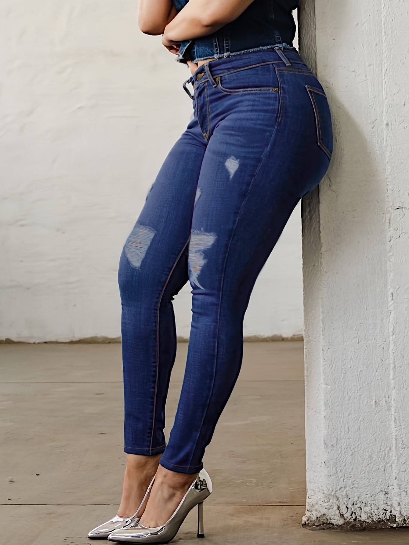 Skinny Fit Ripped Plain Washed Blue Casual Style Zipper Button Closure Denim Pants, Women's Denim Jeans & Clothing