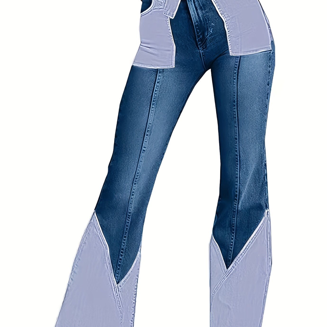 Color Block Flared Jeans, High Waist High-Stretch Bell Bottom Slash Pockets Elastic Waist Denim Pants, Women's Denim Jeans & Clothing