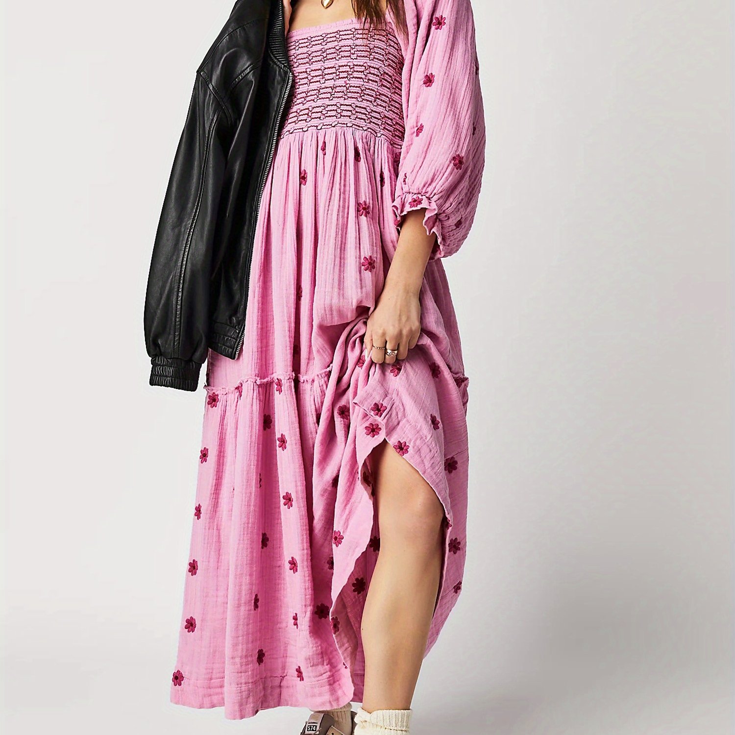 Women Summer Casual Long Dress 3D Embroidered Flowers Square Neck Puff Sleeve Dress Fashion Backless A-line Dress