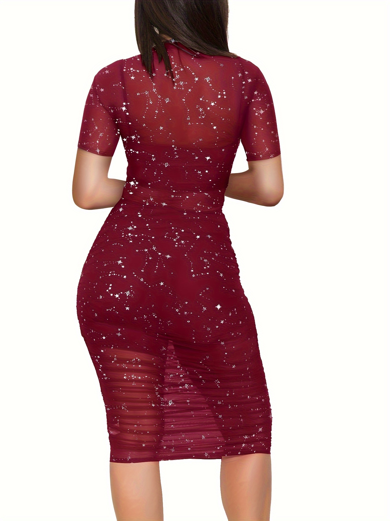 3 Piece Outfits For Women Glitter See Through Short Sleeve Ruched Mesh Dress With Crop Tops And Shorts