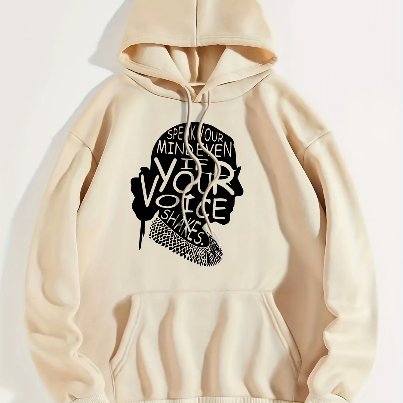 Art Letter Print Hoodie, Casual Kangaroo Pocket Long Sleeve Drop Shoulder Drawstring Hoodie For Fall & Winter, Women's Clothing