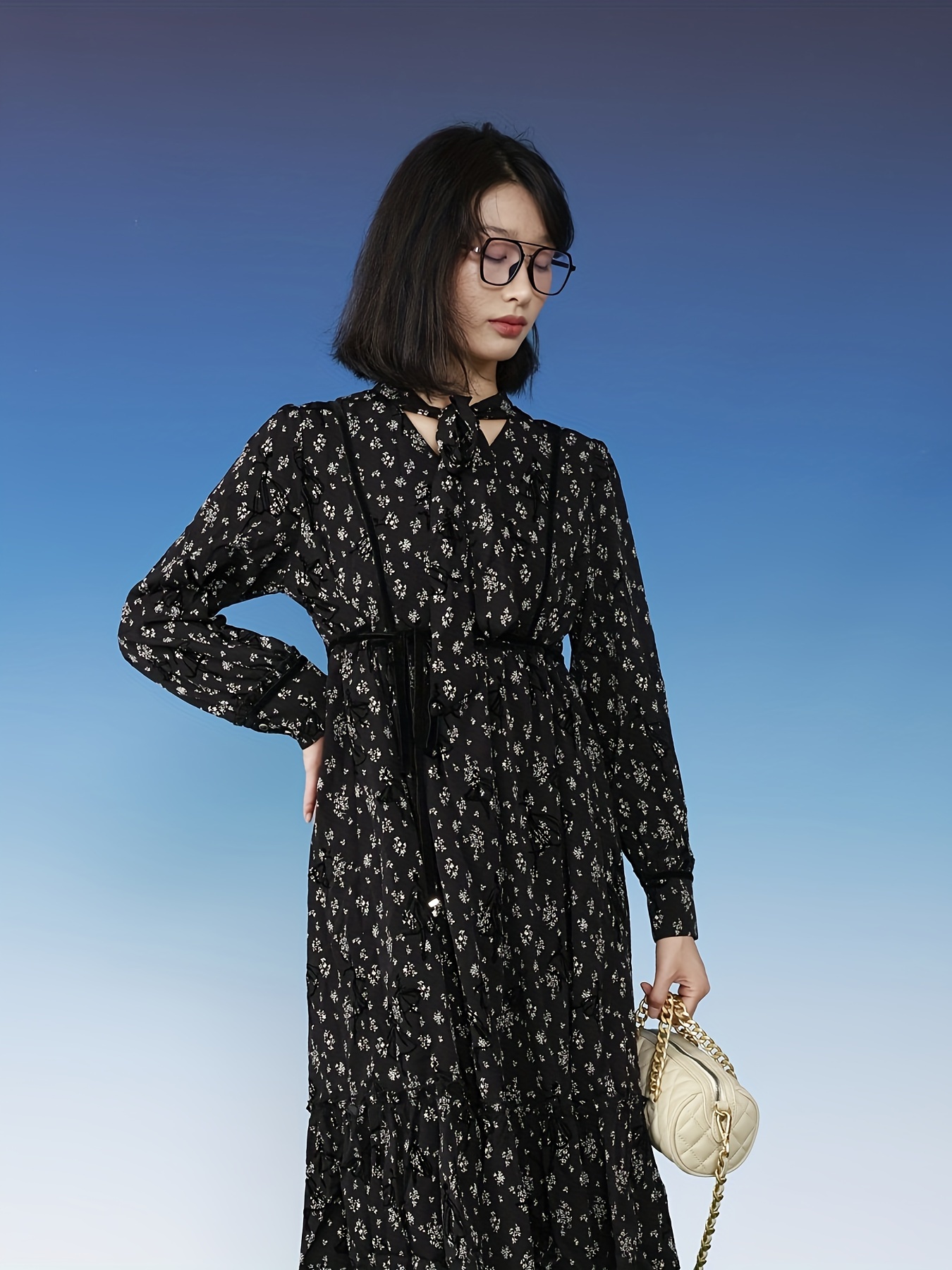 Floral Print Tie Neck Dress, Casual Long Sleeve Knee Length Dress For Spring & Fall, Women's Clothing