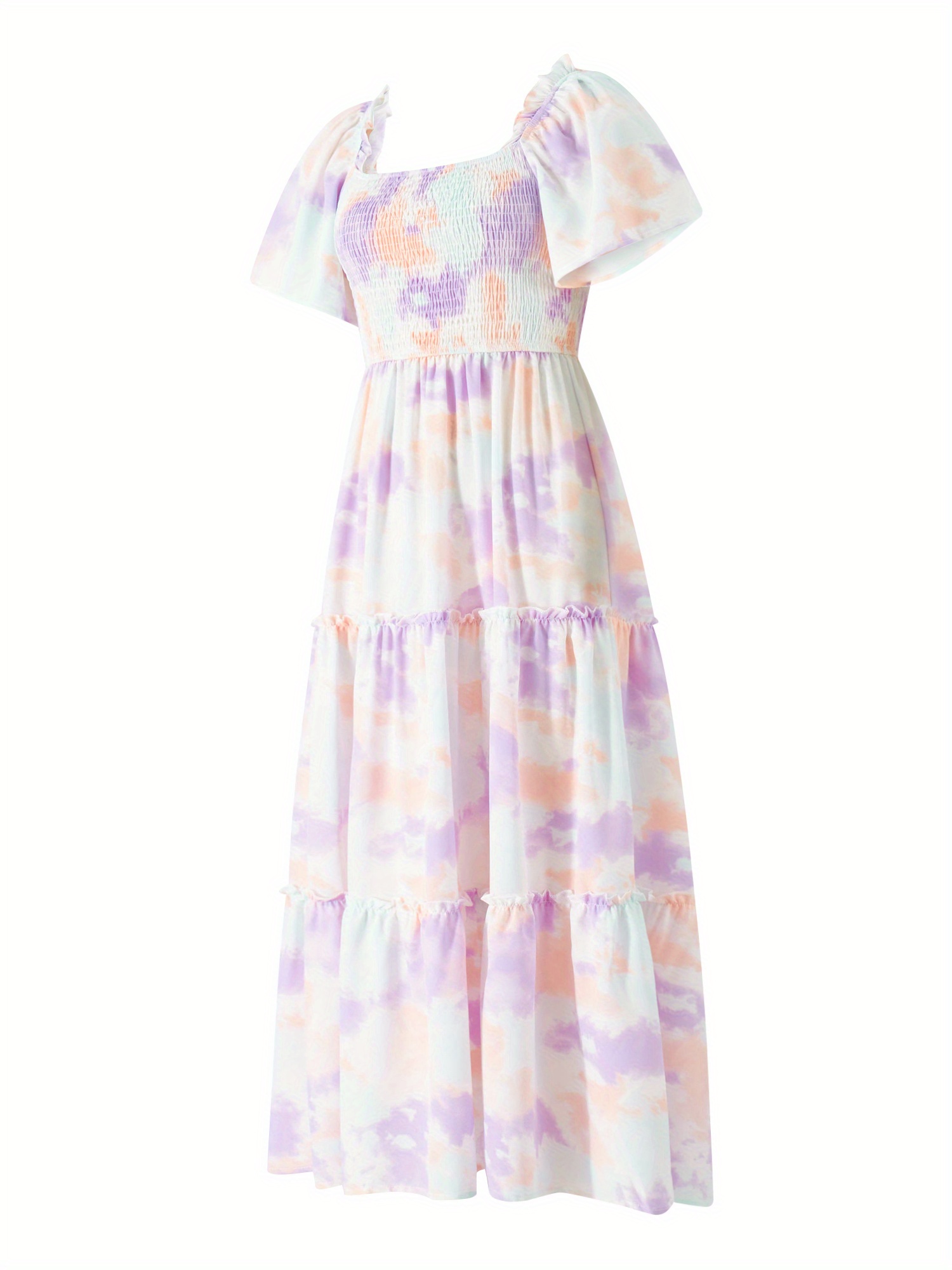 Parent-child Summer Casual A-line Dress Short Sleeve Square Neck Tie Dye Print Dress