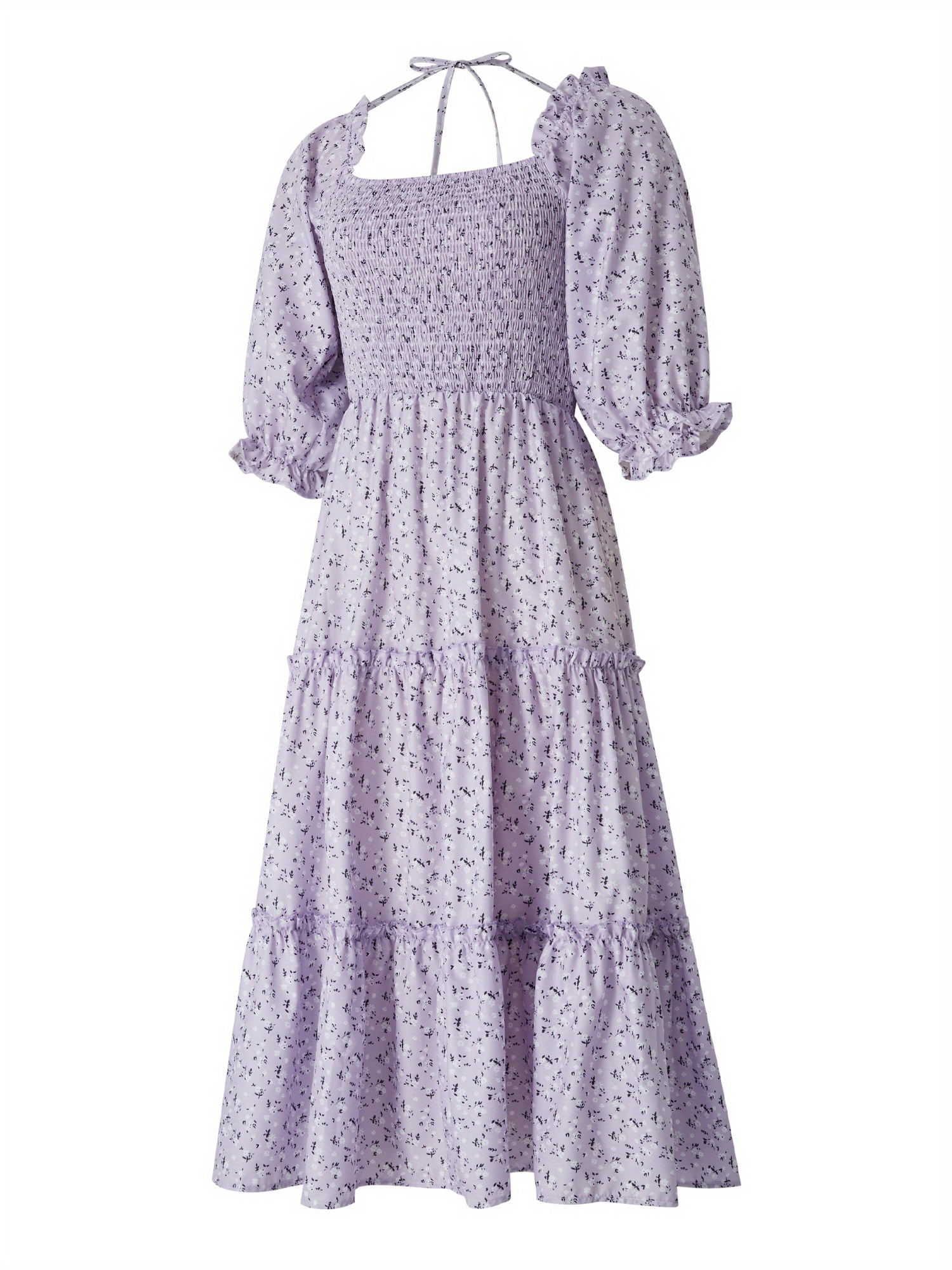 Floral Print Square Neck Shirred Dress, Elegant Puff Sleeve Ruffle Hem Dress Midi Dress For Spring & Summer, Women's Clothing