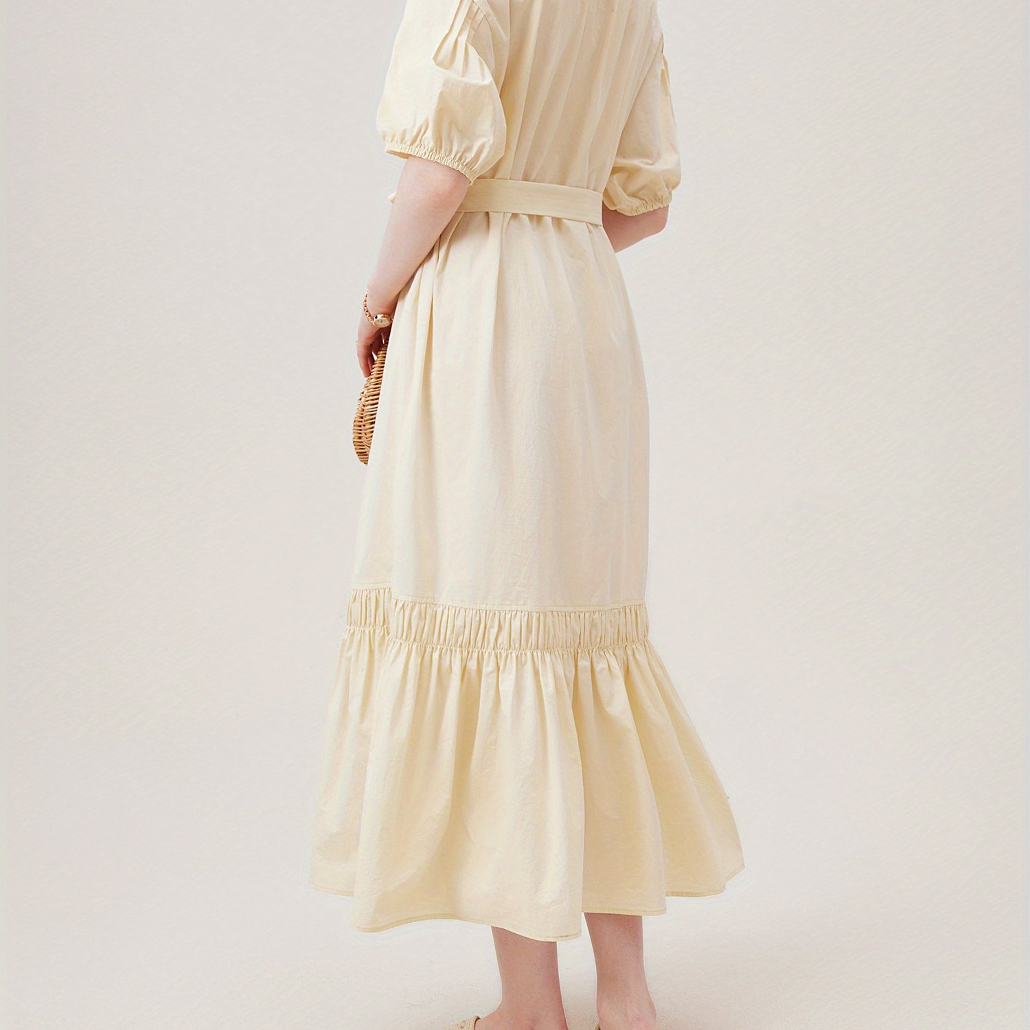 Solid Color Drawstring V-neck Dress, Elegant Loose Belted Short Sleeve Dress For Spring & Summer, Women's Clothing