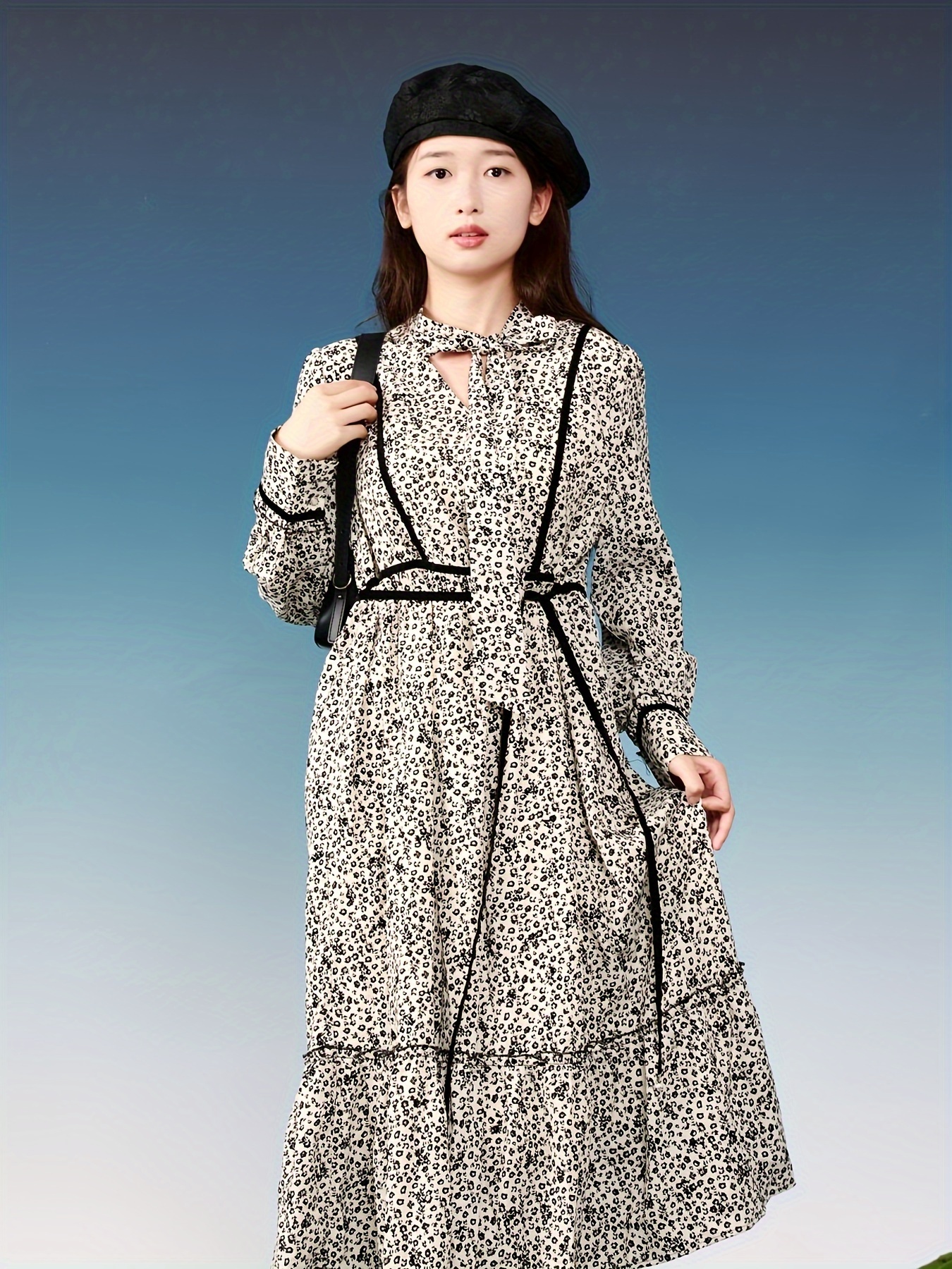 Floral Print Tie Neck Dress, Casual Long Sleeve Knee Length Dress For Spring & Fall, Women's Clothing
