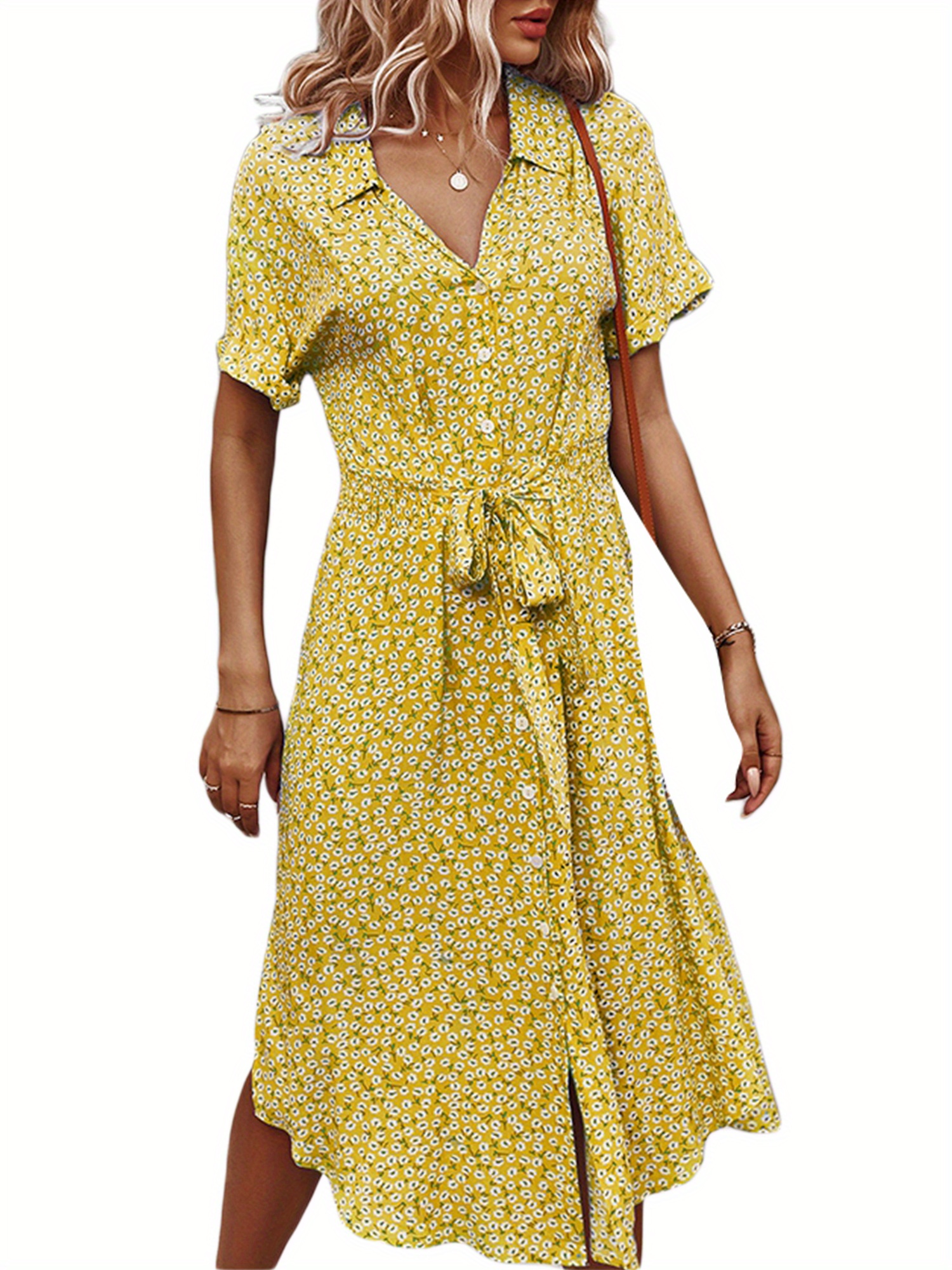 Allover Print Single Breasted Shirt Dress, Elegant Short Sleeve Belted Dress For Spring & Summer, Women's Clothing