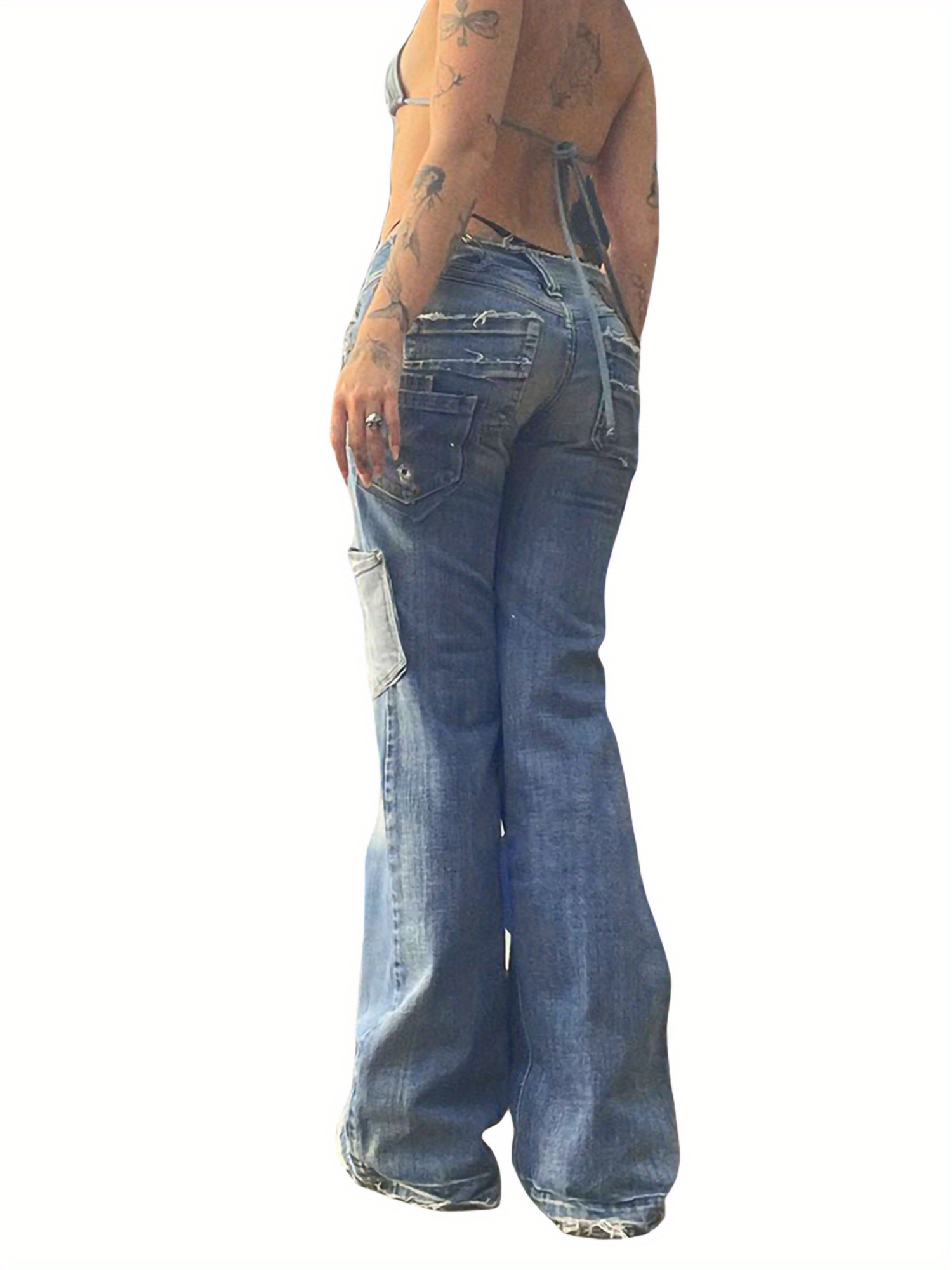 Female Jeans, Star Patterns High Waist Long Straight-Leg Pants with Pockets for Spring Fall, Blue, S FM FL