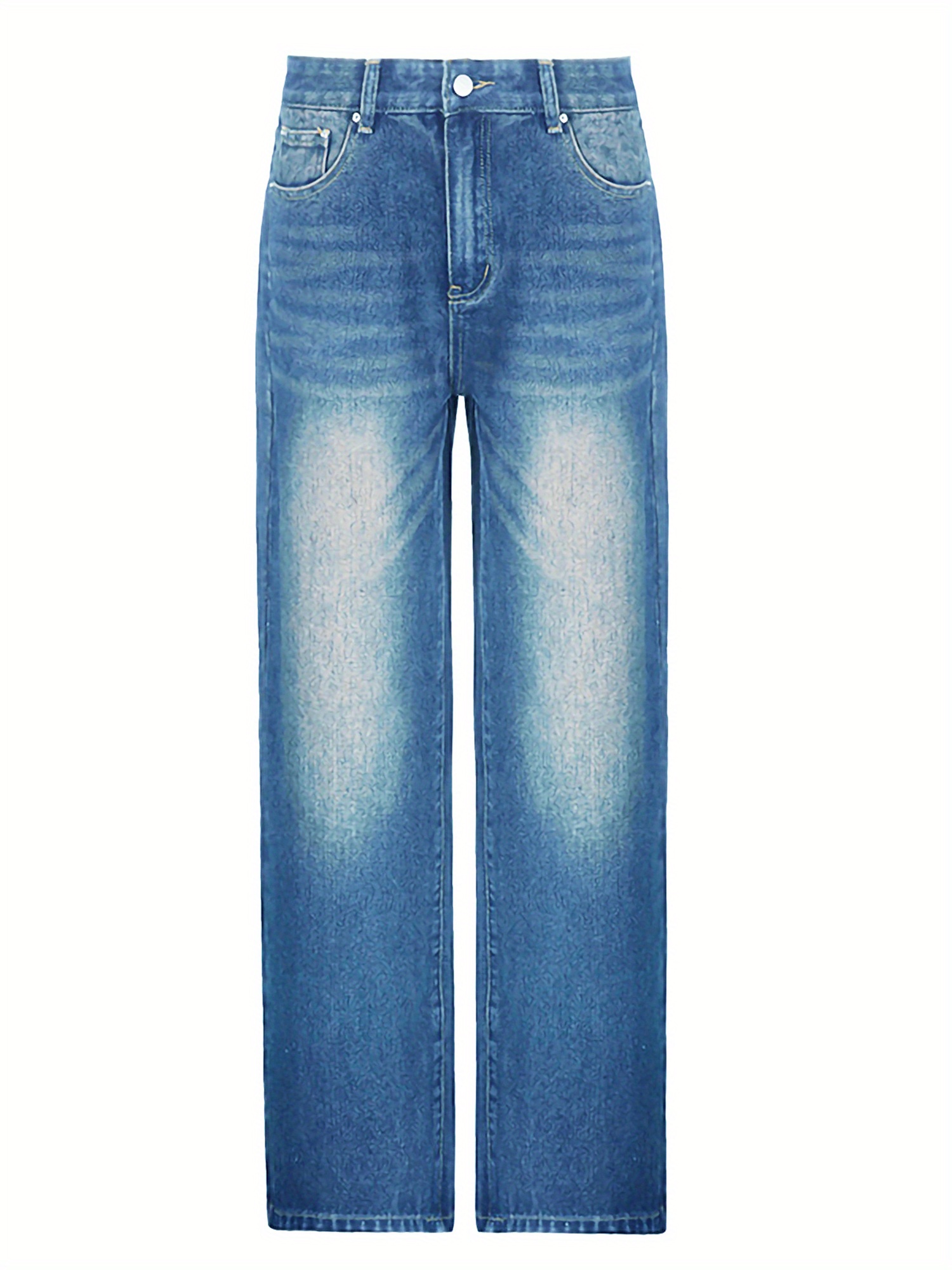 Straight Leg Distressed Washed Casual Style Zipper Button Closure Denim Pants, Women's Denim Jeans & Clothing