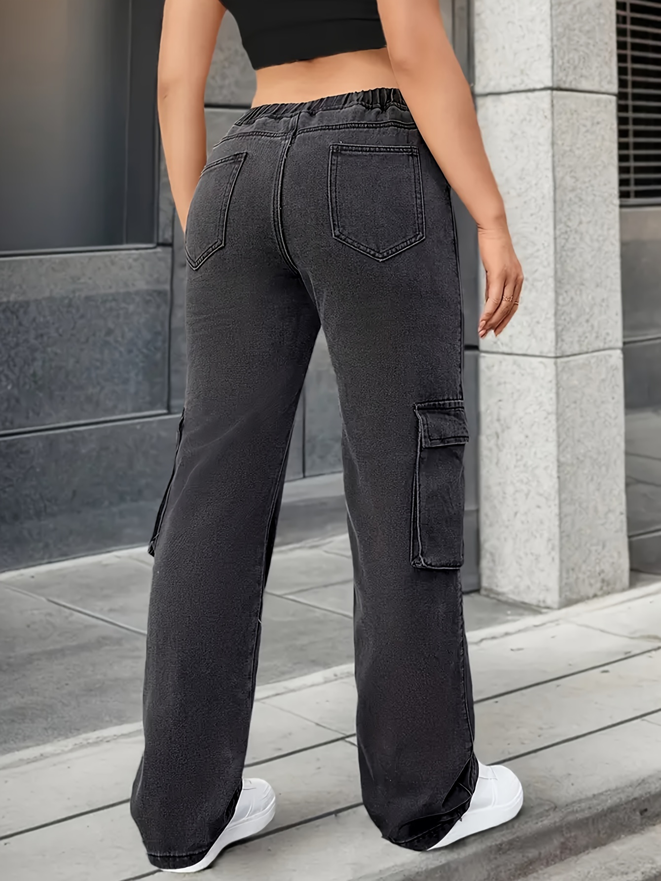 Plain Grey Side Flap Pocket Streetwear Loose Fit Drawstring Elastic Waistband Cargo Jeans Denim Pants, Women's Denim Jeans & Clothing