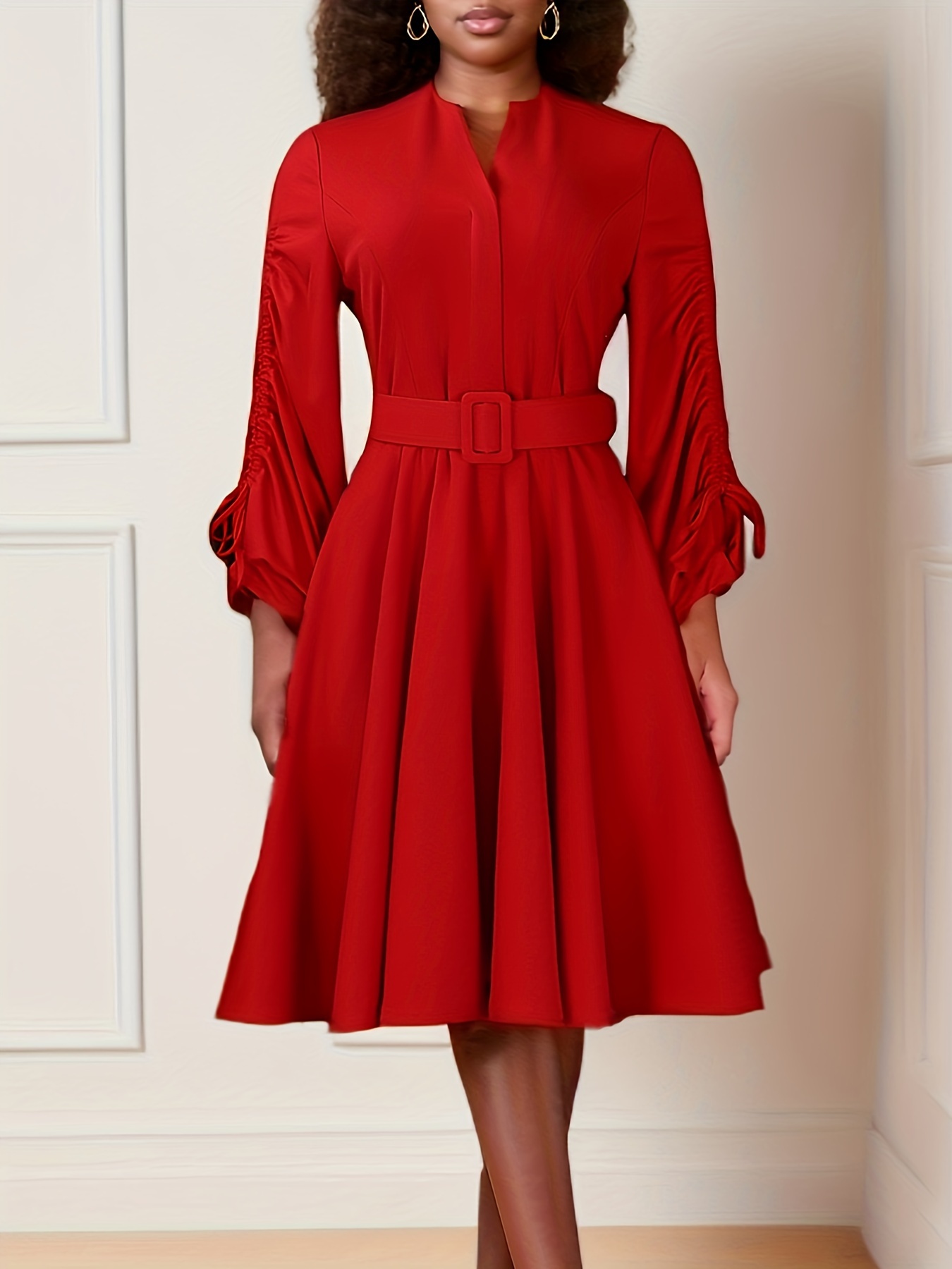 Fashionable V-Neck Drawstring Pleated Elegant Dress