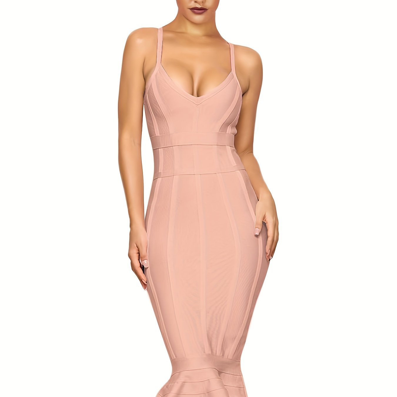 Women's Fashion Sexy Temperament Elegant Tight Suspender V-neck Ruffle Summer Mid-length Bandage Dress Party Cocktail Evening Dress