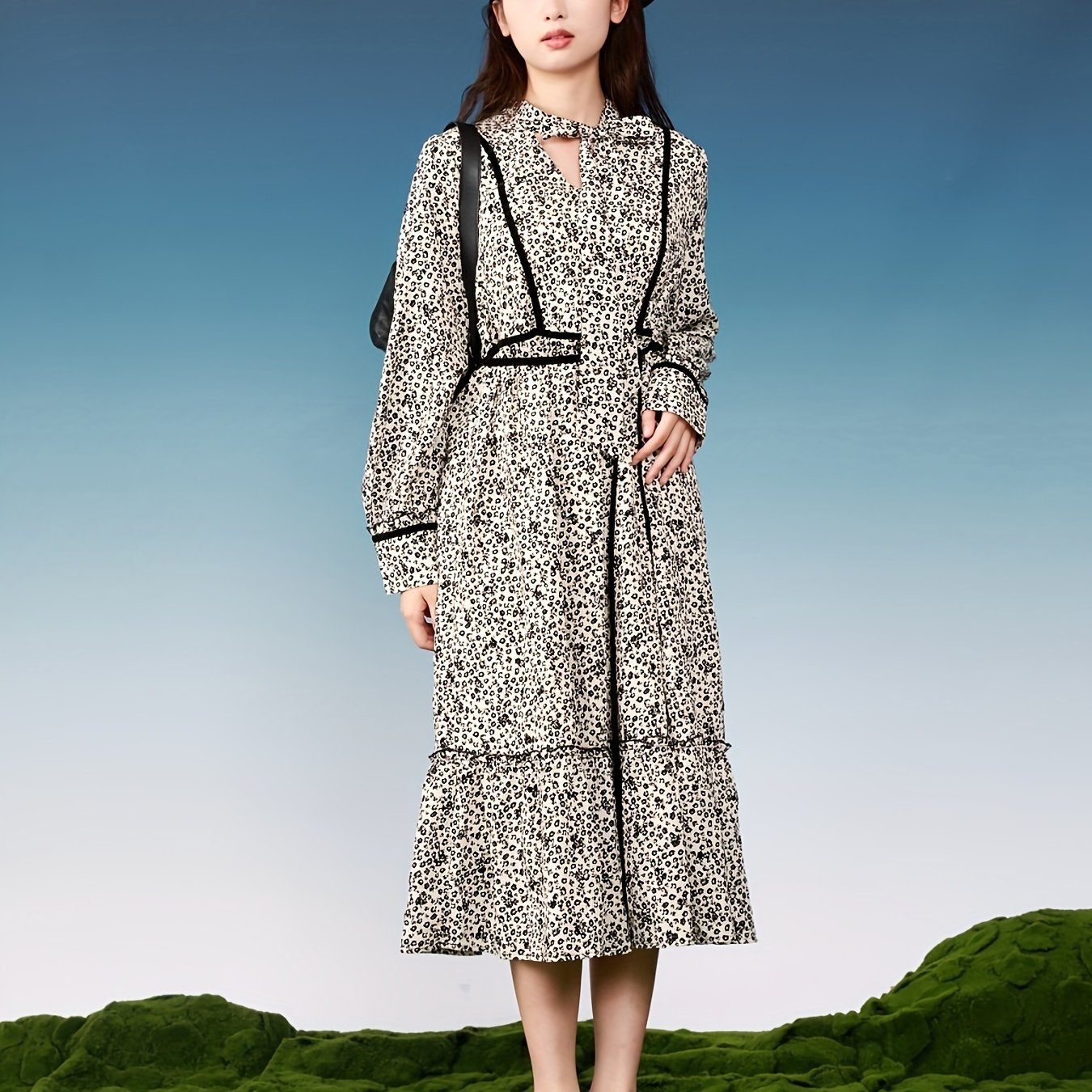 Floral Print Tie Neck Dress, Casual Long Sleeve Knee Length Dress For Spring & Fall, Women's Clothing