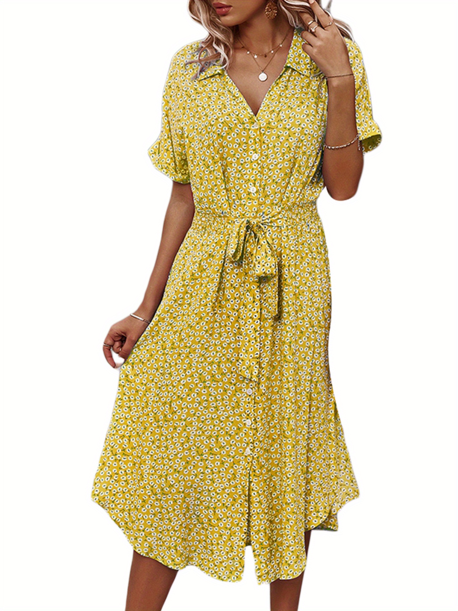 Allover Print Single Breasted Shirt Dress, Elegant Short Sleeve Belted Dress For Spring & Summer, Women's Clothing