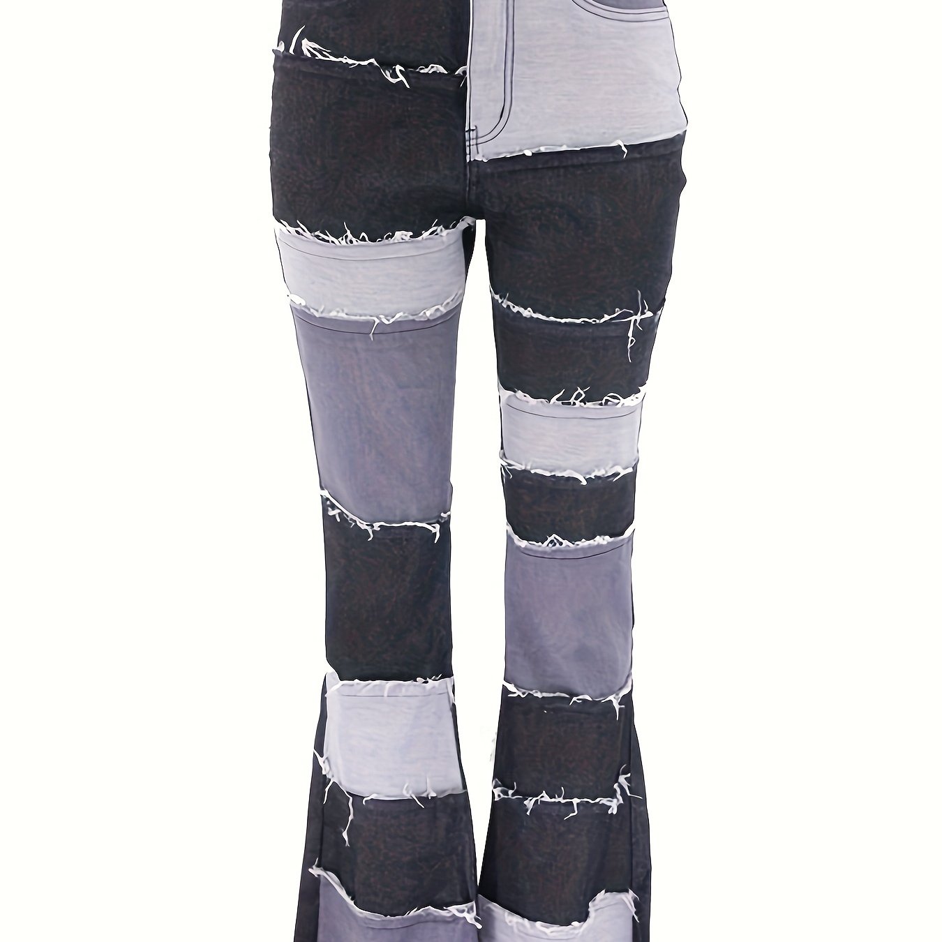 Fashionable Contrasting Color Patchwork High W A I St Ed Tight Buttocks Flared Women's Denim Pants