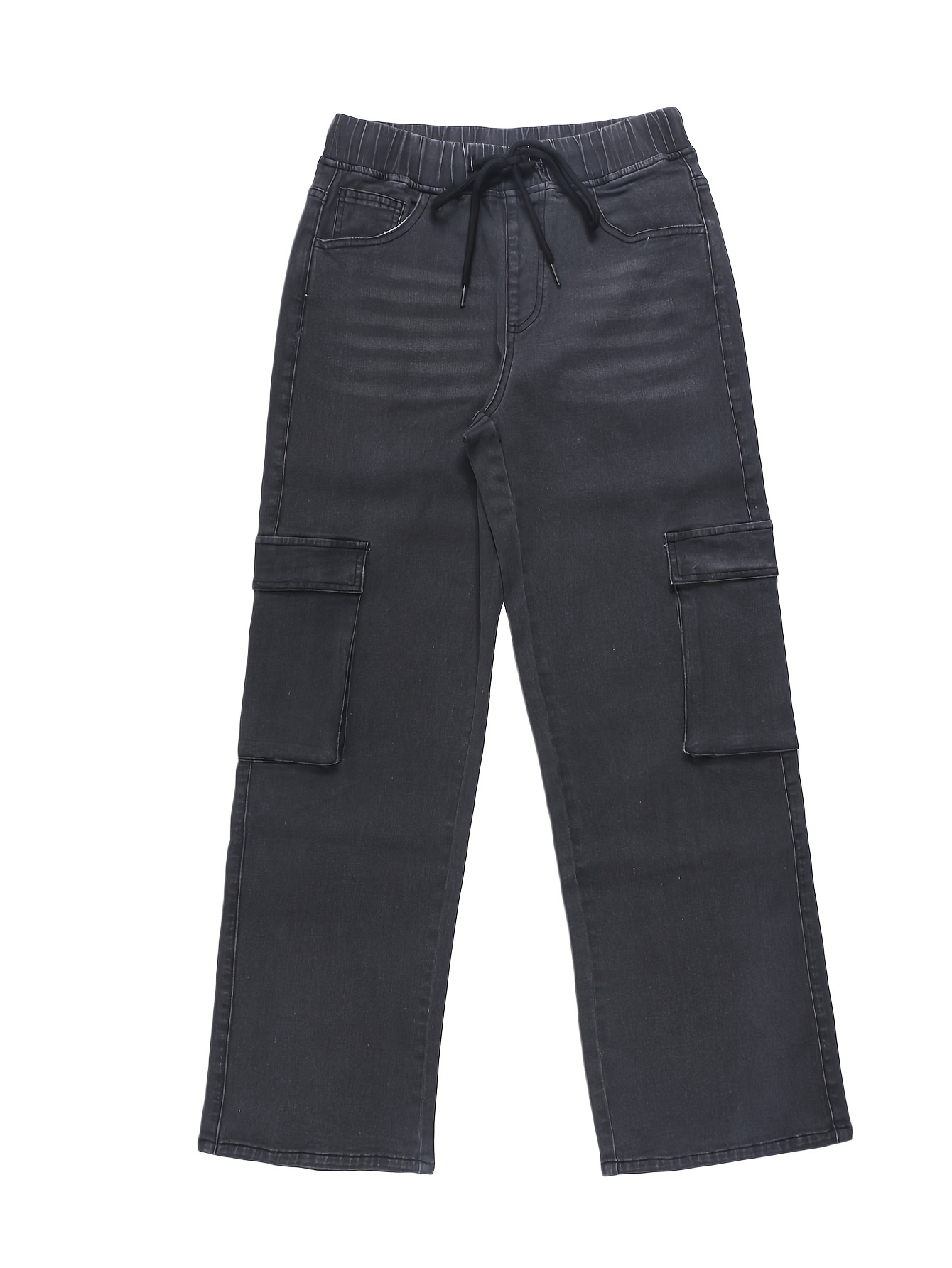Plain Grey Side Flap Pocket Streetwear Loose Fit Drawstring Elastic Waistband Cargo Jeans Denim Pants, Women's Denim Jeans & Clothing