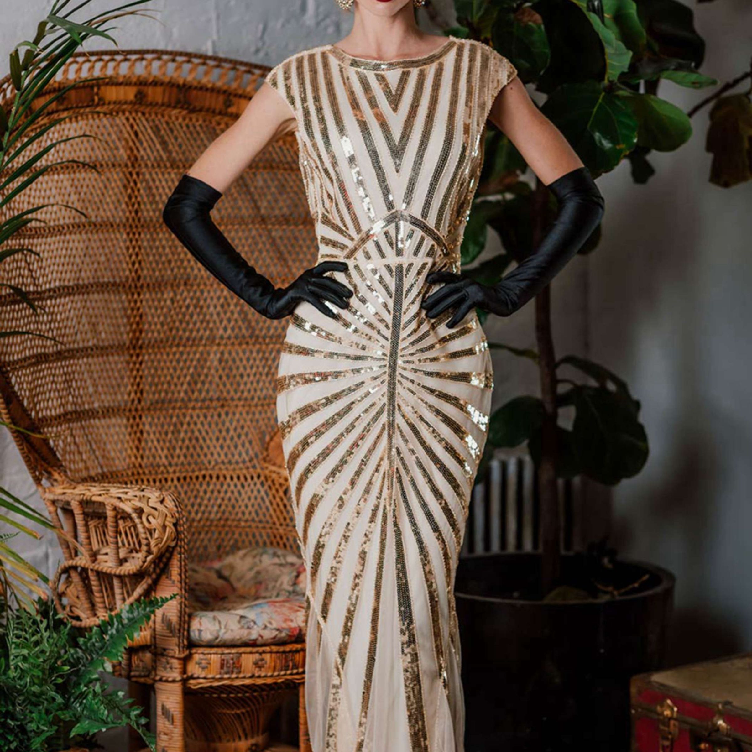 Women Fashion Vintage Style Sequin Art Deco V-neck Sleeveless Dress