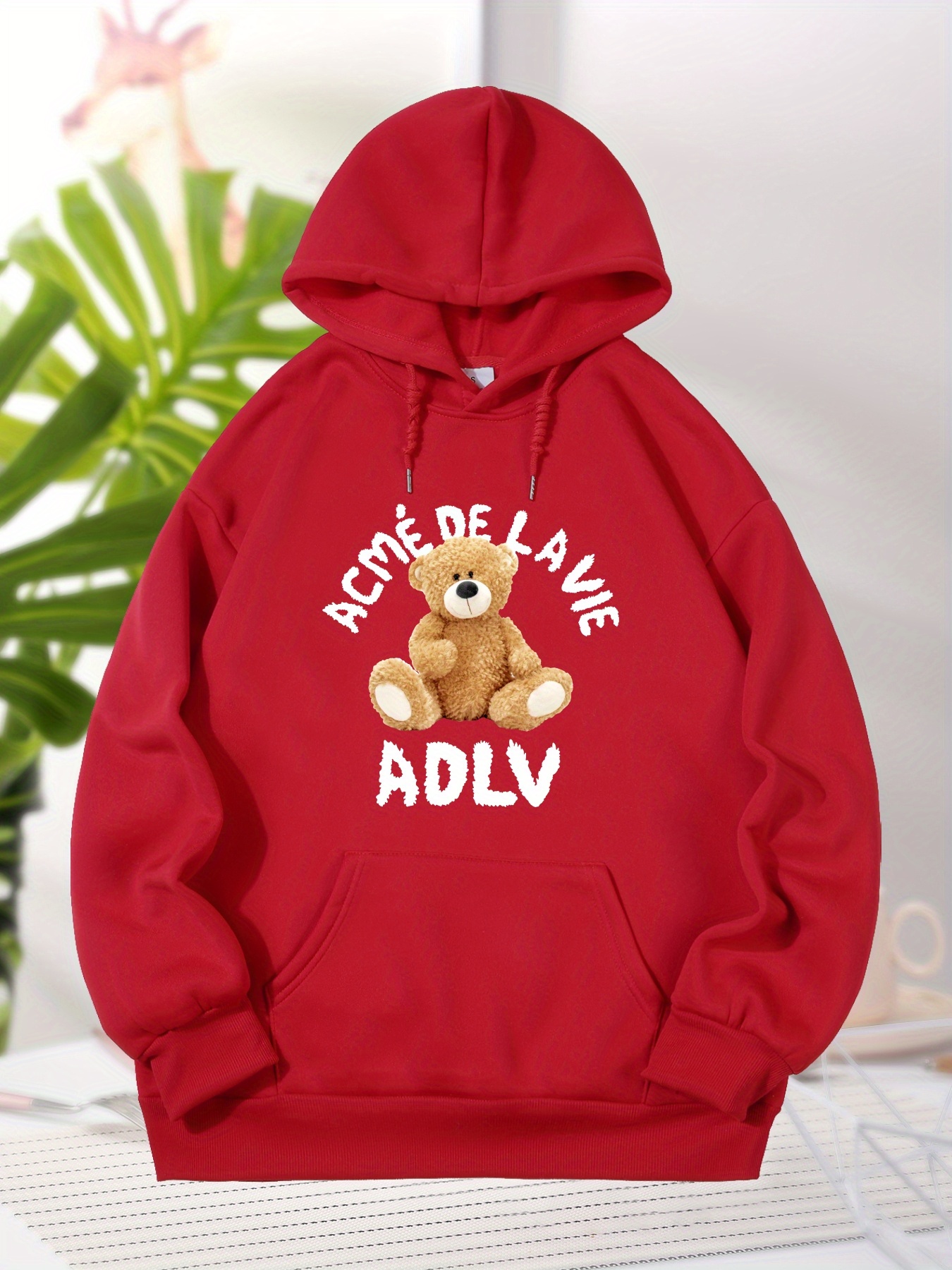 Bear And Letter Graphic Long Sleeve Hooded Sweatshirt, Fashion Drawstring Kangaroo Pocket Hoodie, Women's Clothing