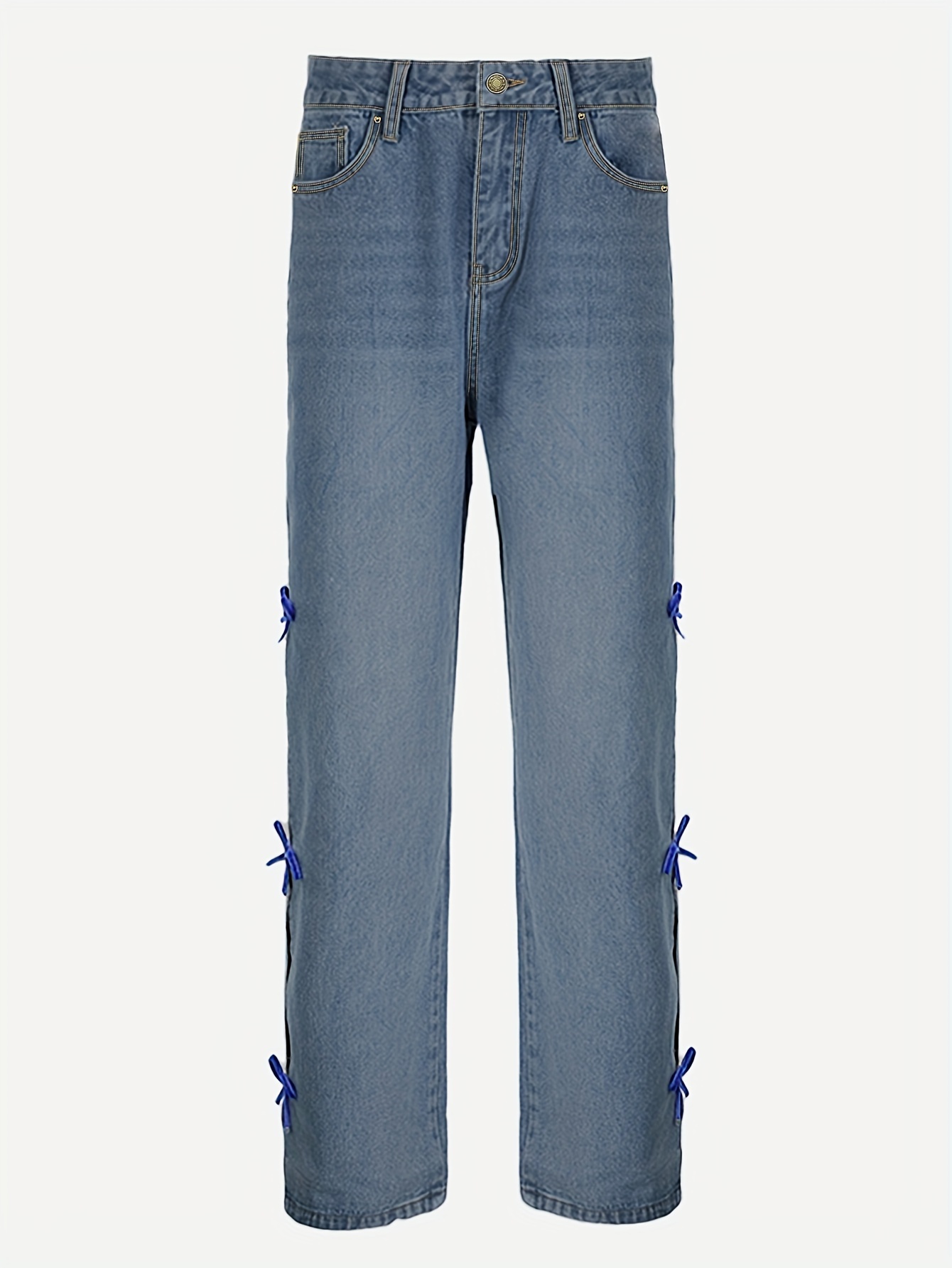 Color Block Bow Decor Loose Fit Washed Blue Coquette Aesthetic Jeans, Women's Denim Jeans & Clothing