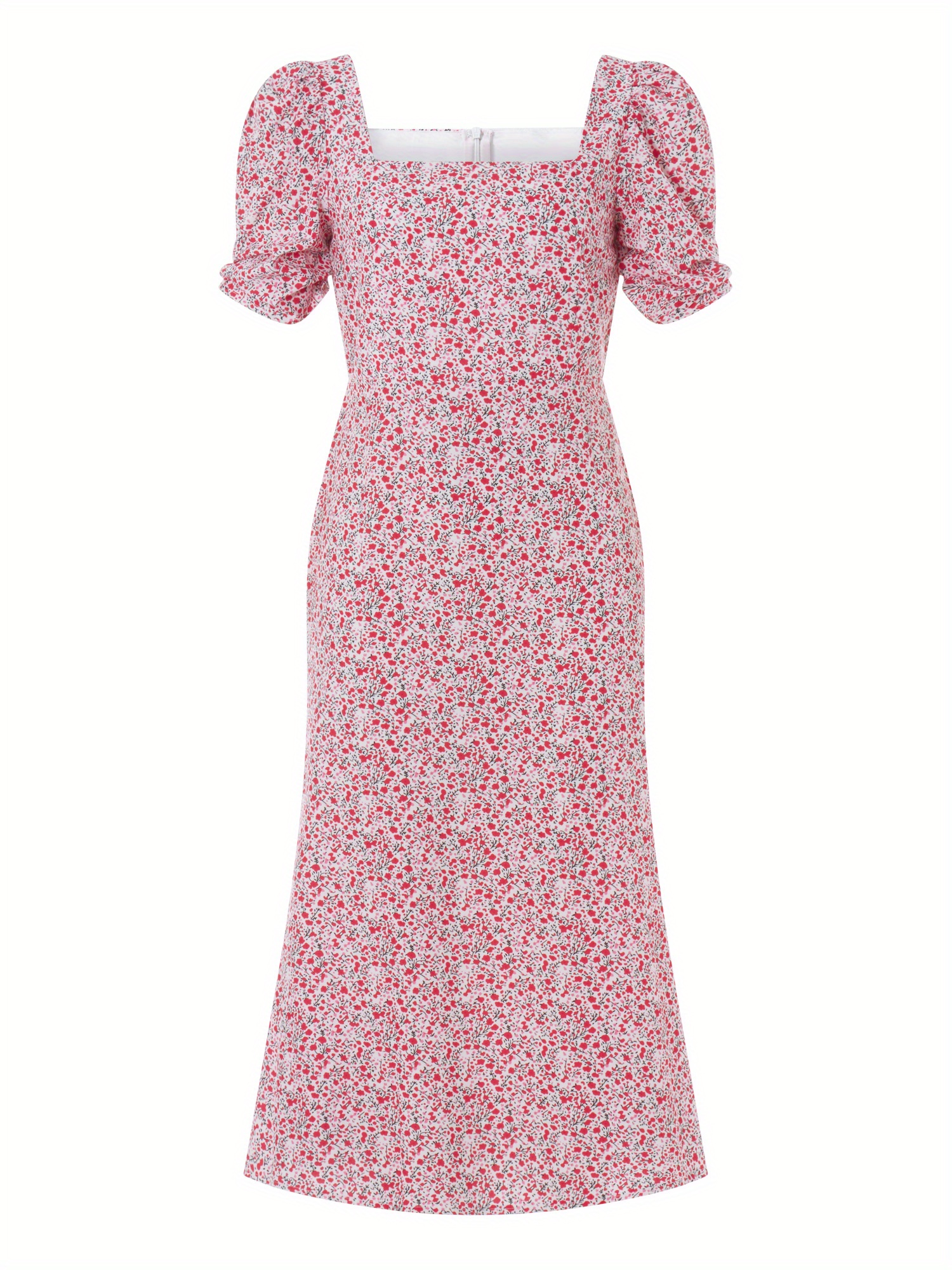 Floral Print Square Neck Midi Dress, Elegant Puff Sleeve A Line Dress For Spring & Summer, Women's Clothing