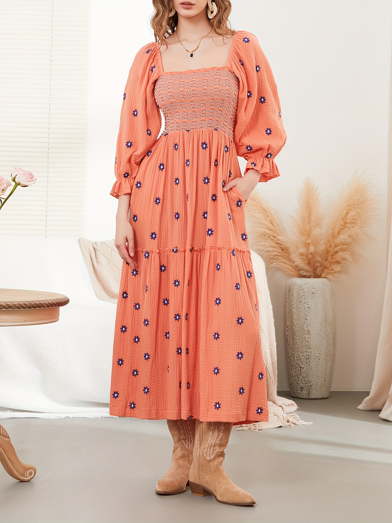 Women Summer Casual Long Dress 3D Embroidered Flowers Square Neck Puff Sleeve Dress Fashion Backless A-line Dress