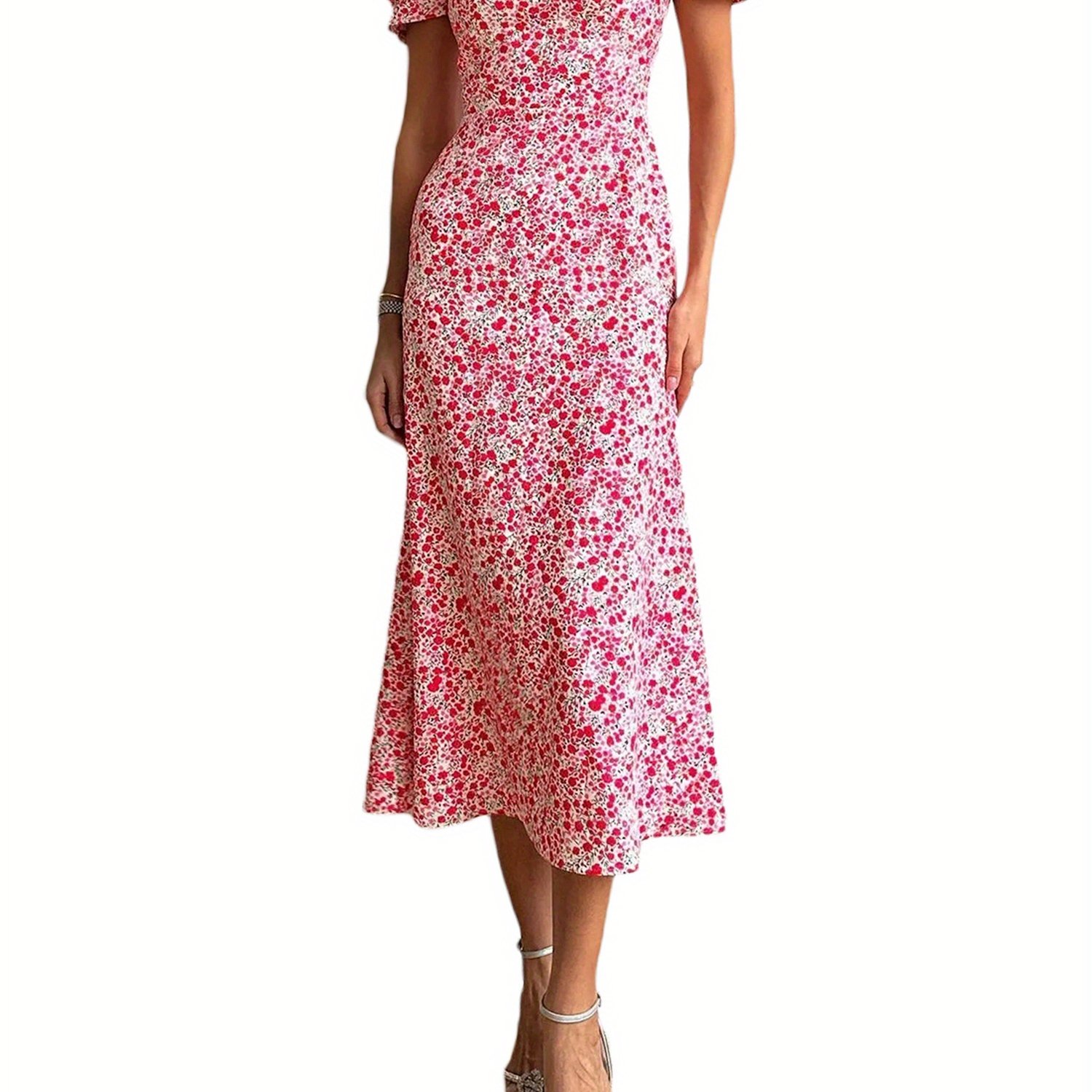 Floral Print Square Neck Midi Dress, Elegant Puff Sleeve A Line Dress For Spring & Summer, Women's Clothing