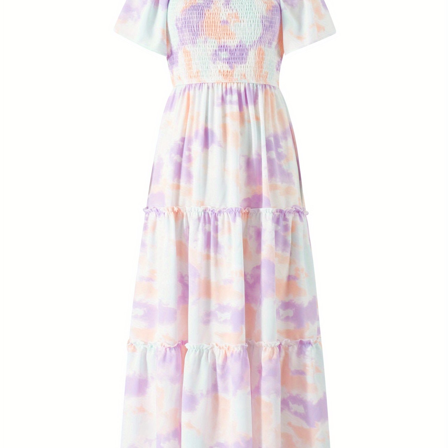 Parent-child Summer Casual A-line Dress Short Sleeve Square Neck Tie Dye Print Dress