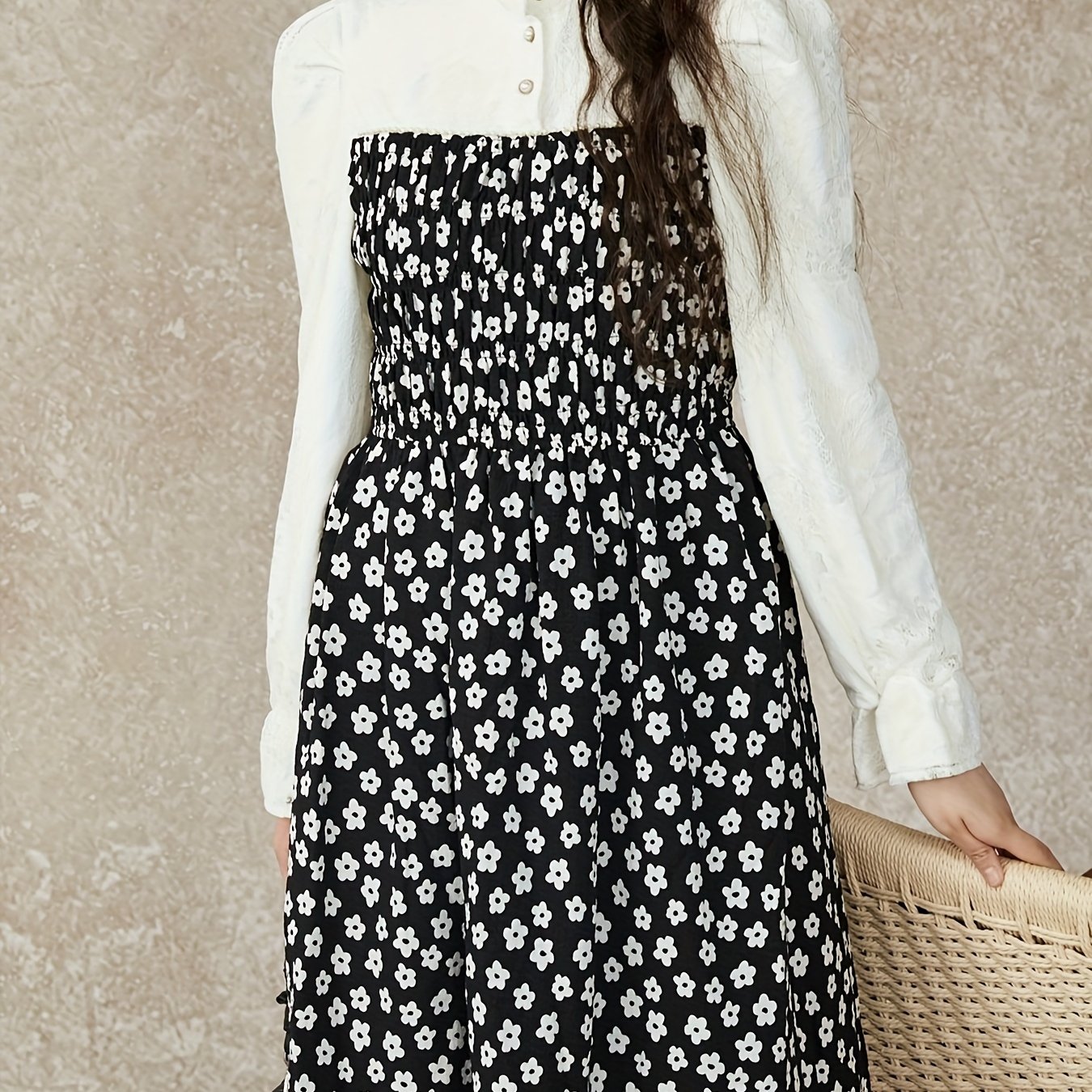 Floral Print 2 In 1 Dress, Elegant Ruffle Trim Long Sleeve Button Front Smock Mixed Media Dress For Spring & Fall, Women's Clothing